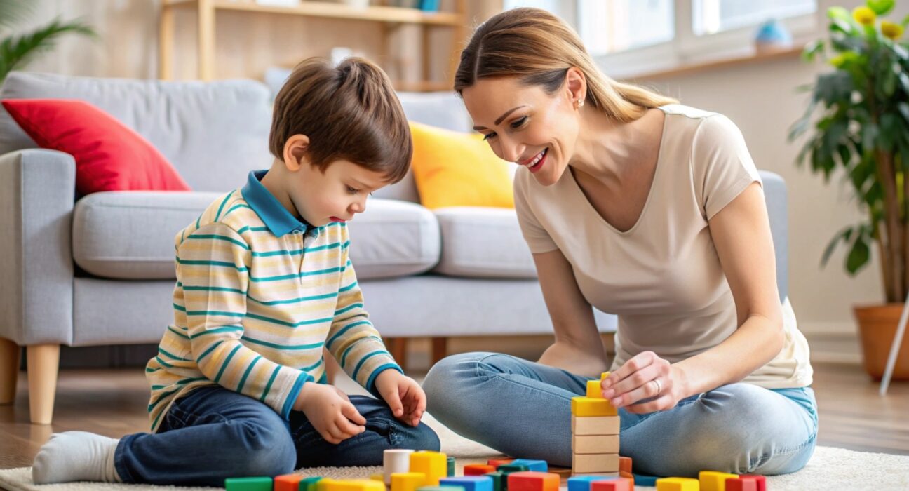 autistic child plays with his mother at home