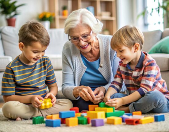 Two autistic children play with their grandmother at home