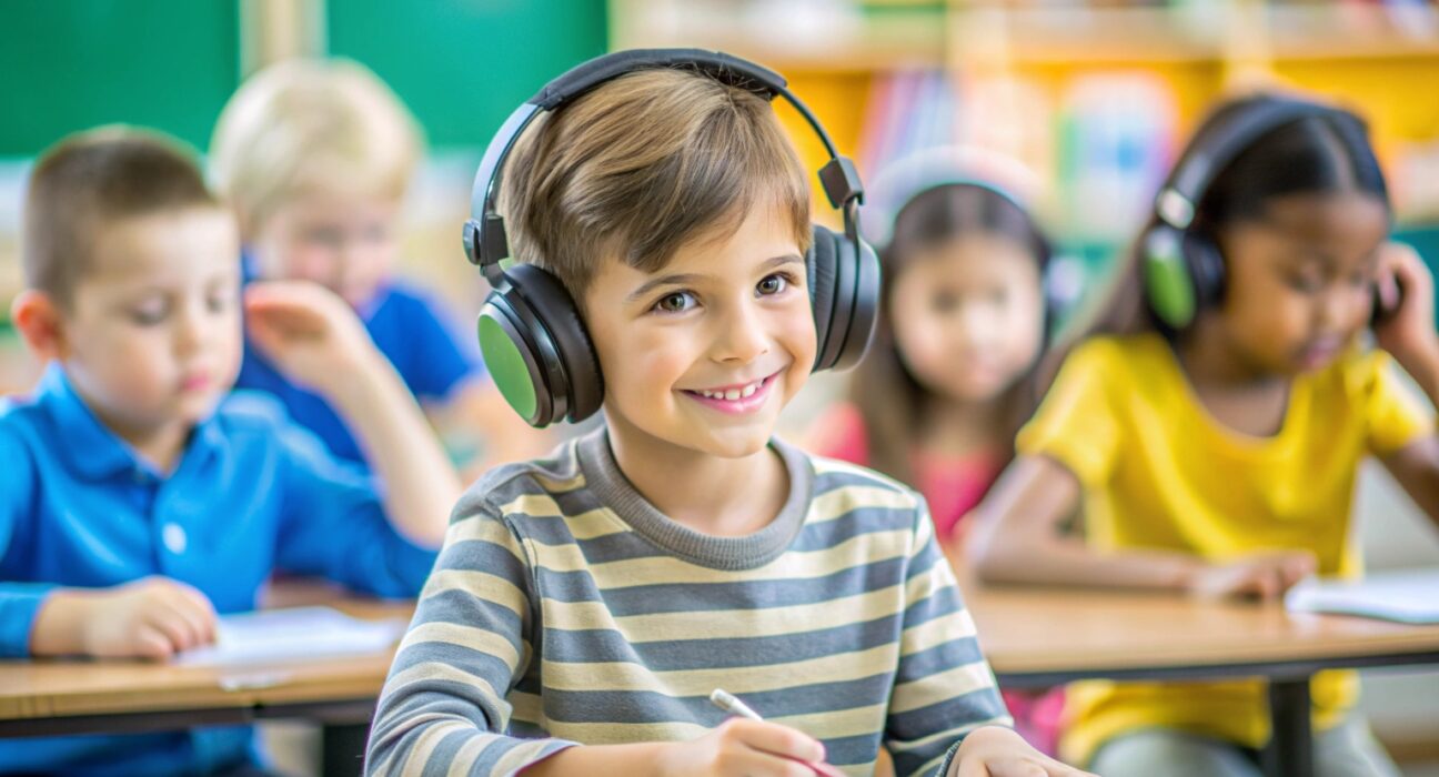 Child with noise-canceling headphones in class