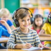 Child with noise-canceling headphones in class