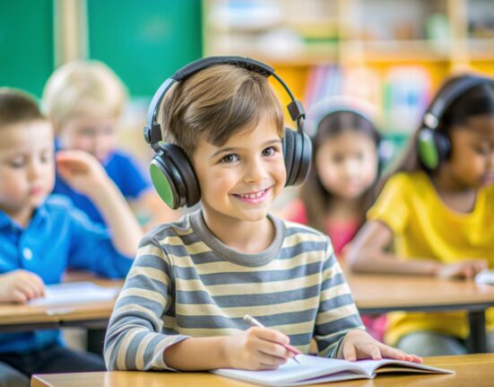 Child with noise-canceling headphones in class