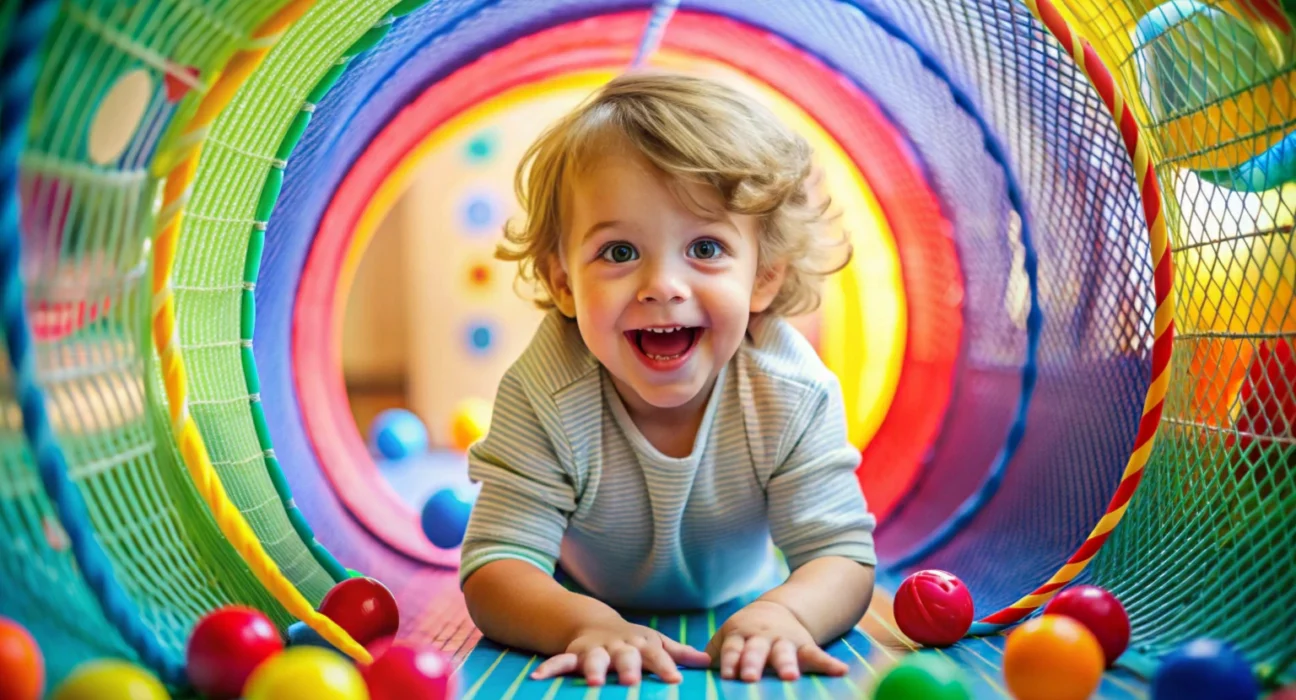 Happy Child Playing in Sensory Tunnel with Toys