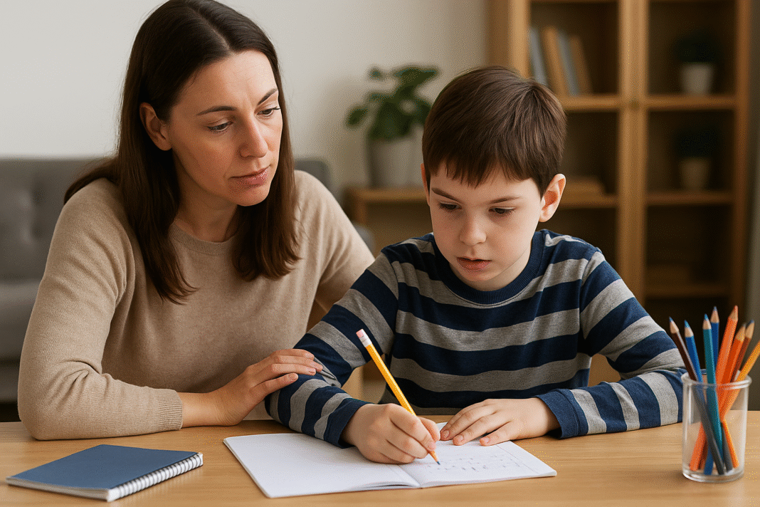 a mother helping her autistic child with their homework