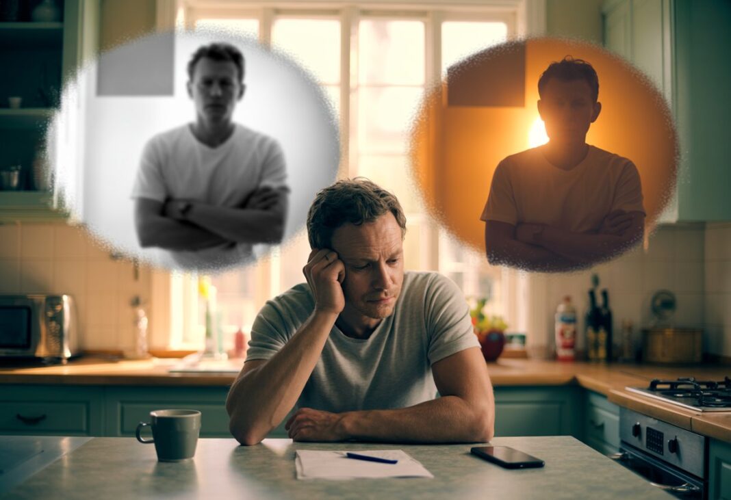 a-photorealistic-cinematic-photograph-of_x-mnwtOJQcy9FsOUwf0p9w_BXkV9d_oR9iTqtK4oVtNAA_sd Adult man sitting alone at a kitchen table, exhausted and emotionally overwhelmed, illustrating the internal experience of ODD in adults