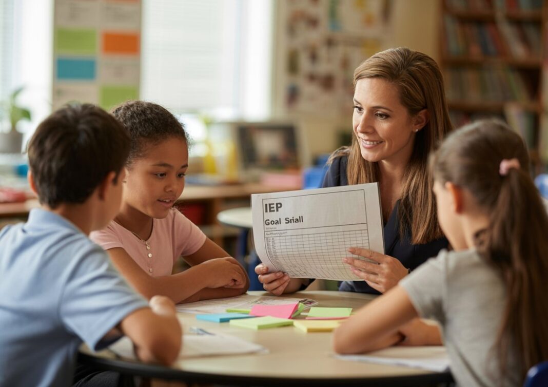 Special education teacher and neurodivergent students reviewing IEP goals together at a classroom table with visual supports and goal cards.