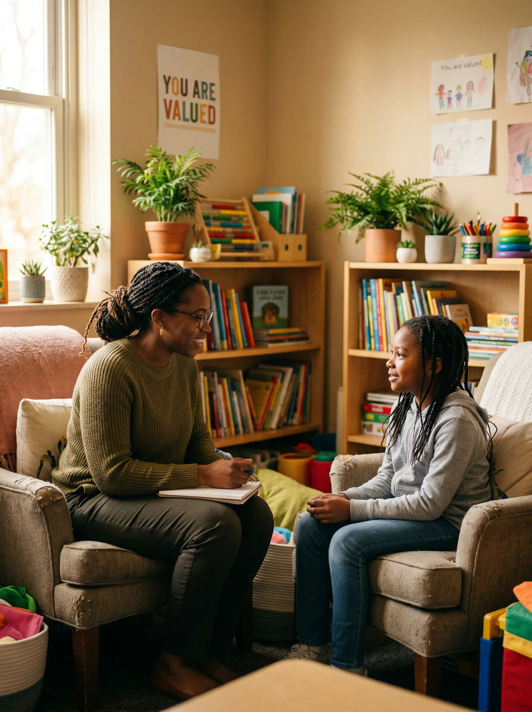 Female school counselor sitting at eye level with a young autistic girl in a calm support room — representing effective one-on-one IEP accommodation for autistic girls