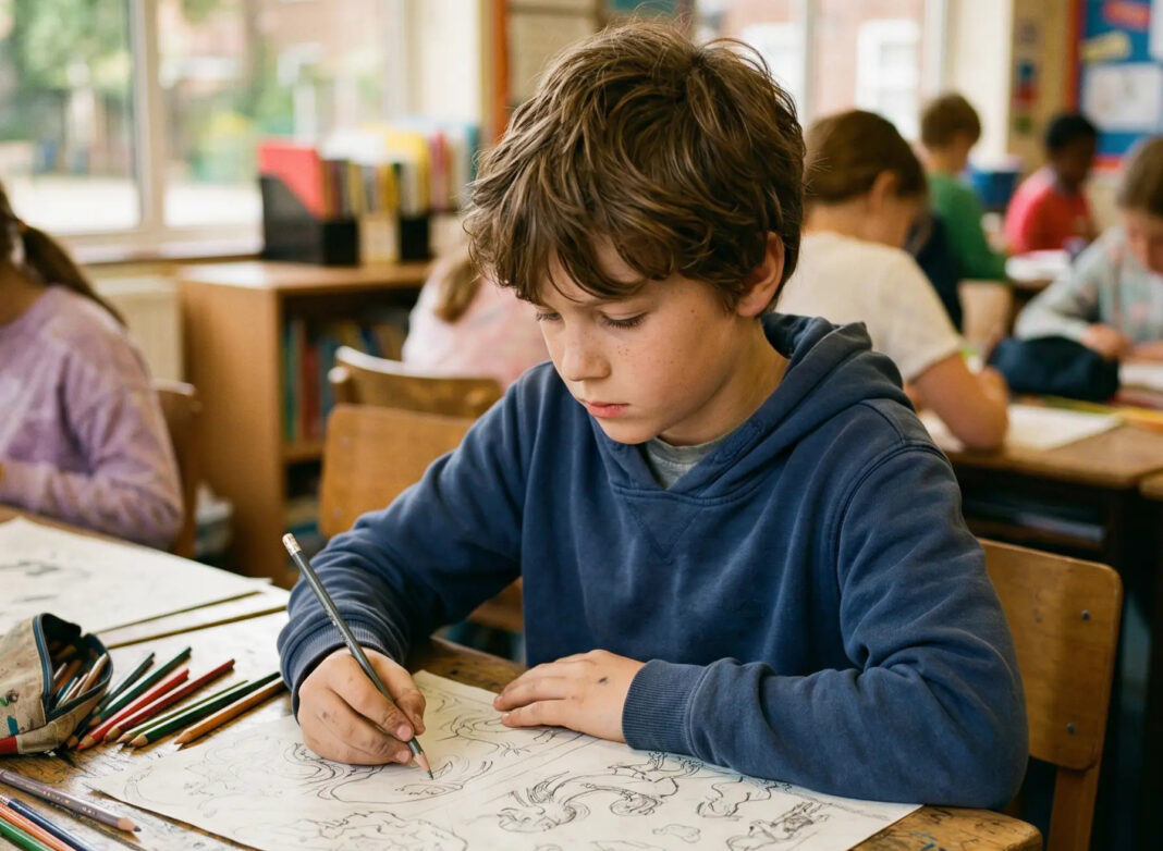 Autistic ADHD student deeply hyperfocused at his school desk surrounded by materials — illustrating the hyperfocus dimension of the AuDHD profile in classroom settings