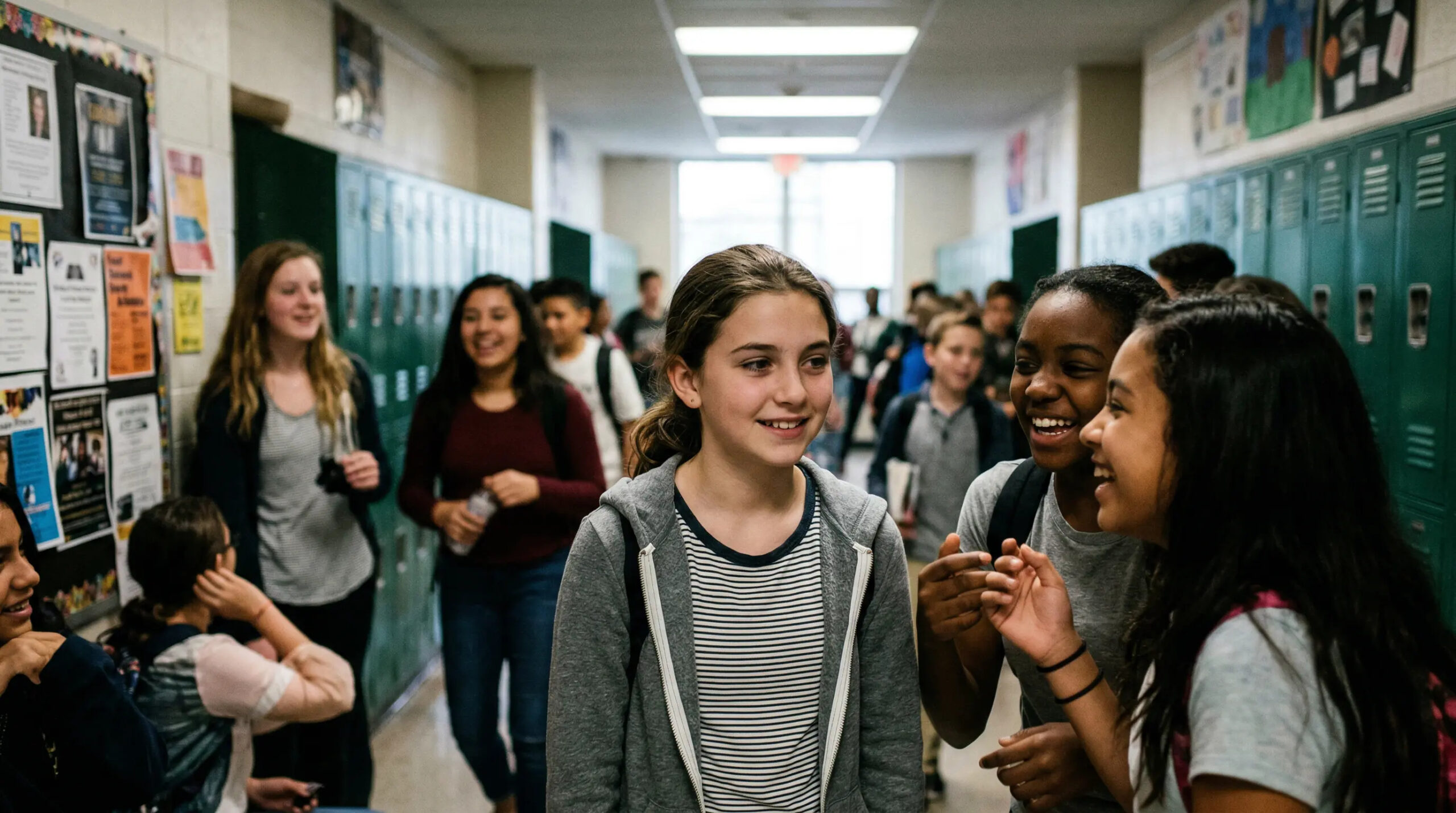 Autistic girl smiling with peers in a school hallway while her eyes show emotional distance — capturing the social masking experience common in autistic girls