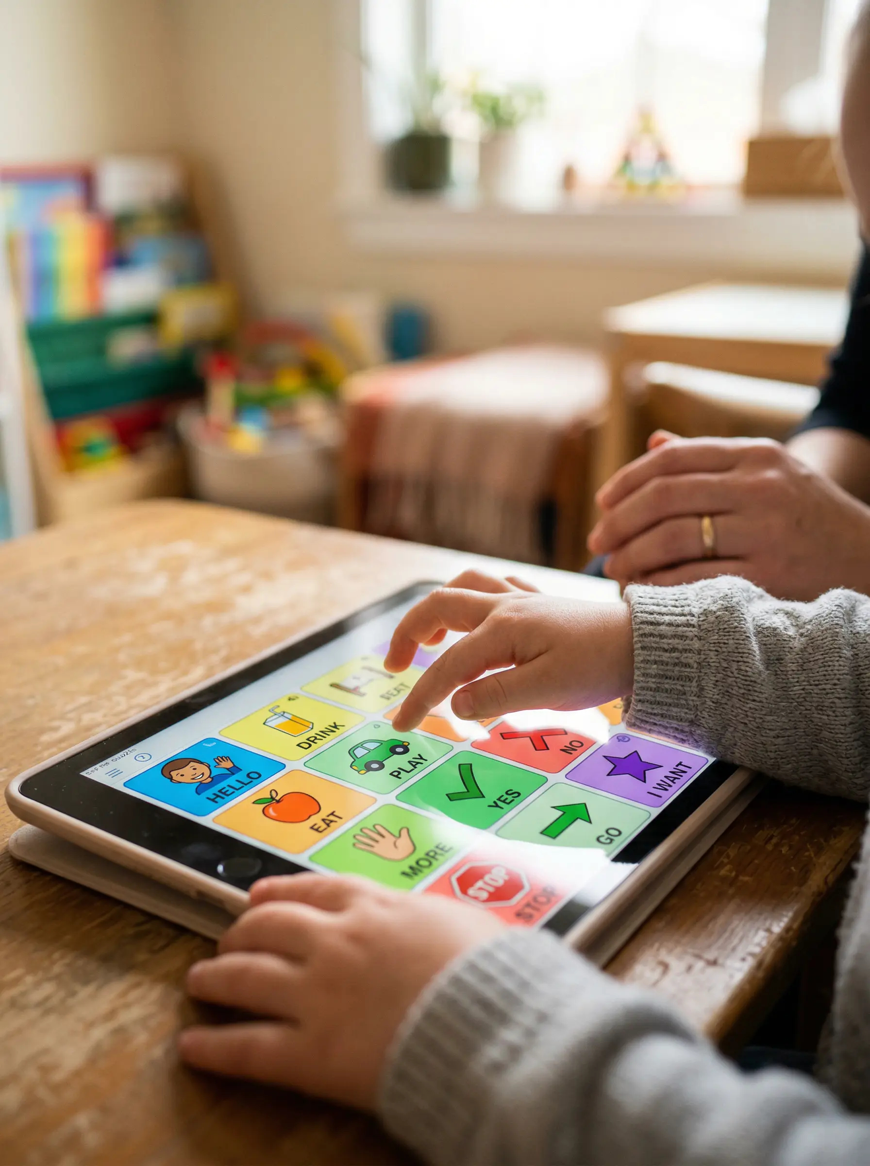 Three AI-assisted autism therapy scenarios: emotion recognition with a robot, speech app on tablet, and AI progress tracking for educators