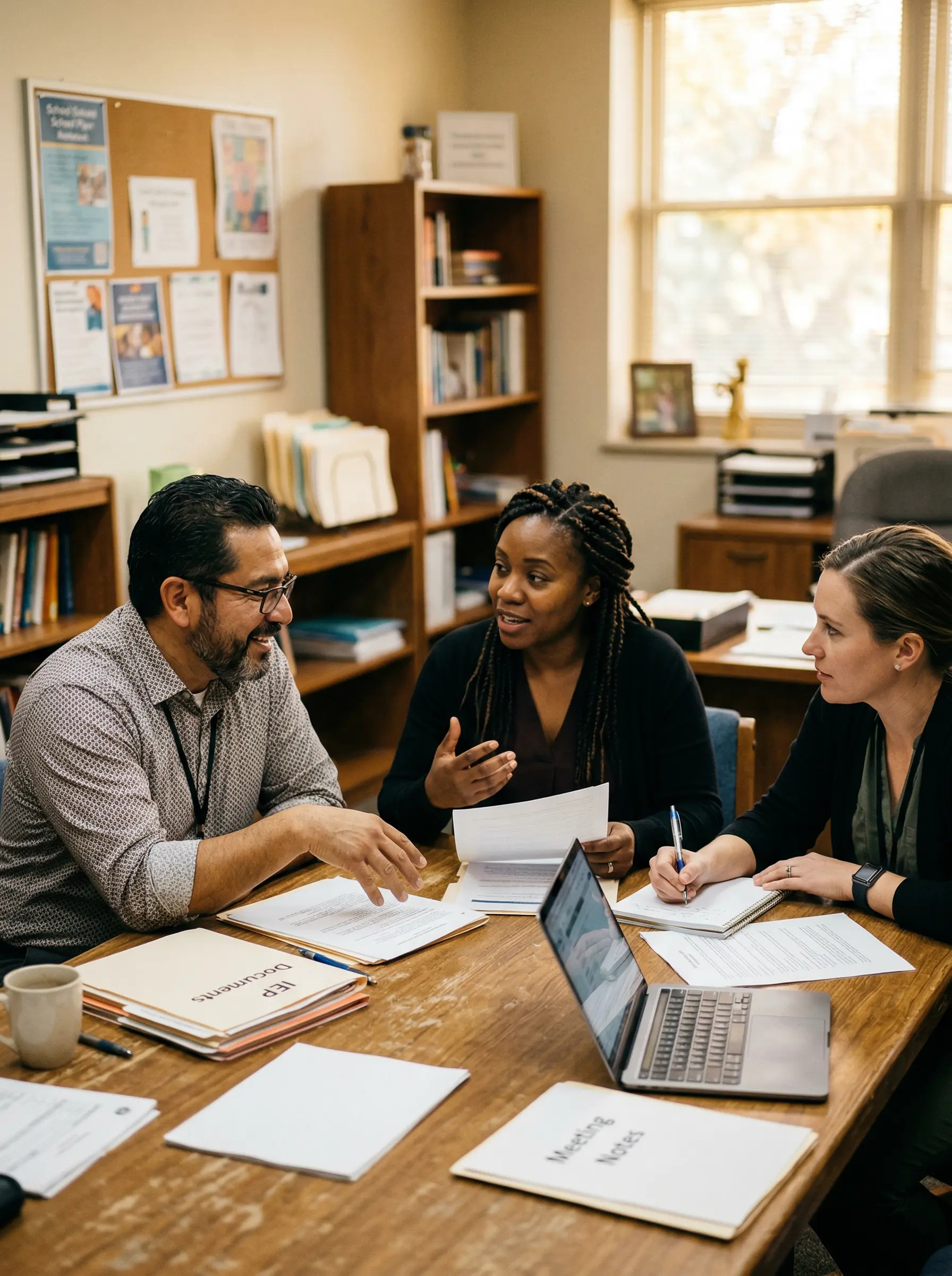 Special education teacher, school psychologist and parent collaborating around a table during an IEP meeting for an AuDHD student