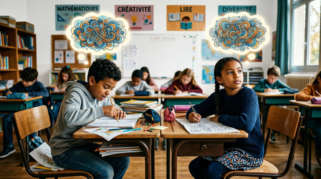 neurodiversity_classroom_realistic_1 a boy and a girl, both around age 10-12, diverse skin tones, in a classroom setting