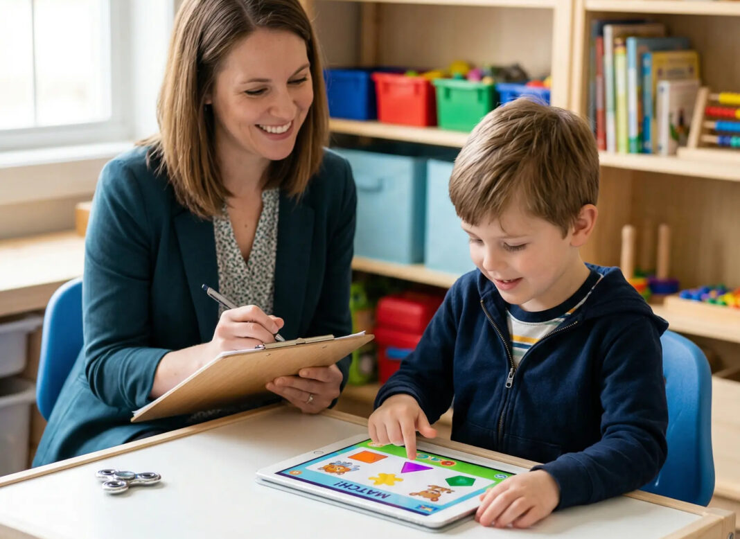 An autistic child using an AI-powered tablet for personalized therapy, supported by a therapist in an inclusive classroom setting