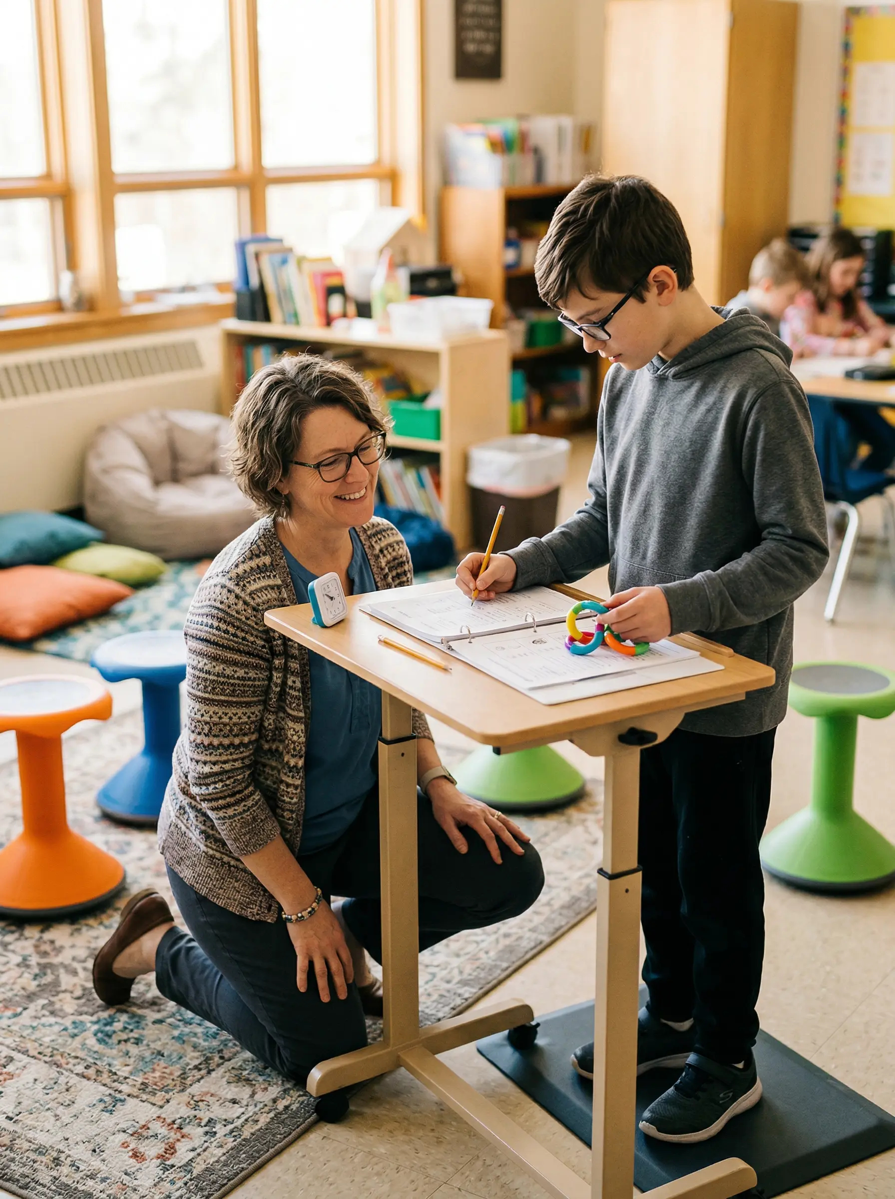 Special education teacher supporting an AuDHD student at a standing desk with fidget tools