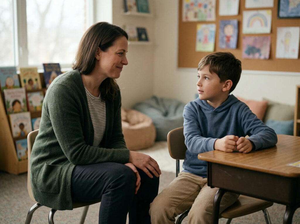 Supportive educator sitting at child's level making calm eye contact in a cozy classroom corner — modeling low-demand, relationship-first PDA support