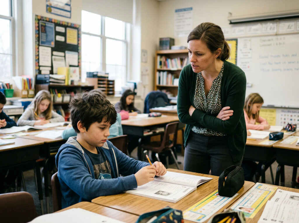 Teacher standing over student at desk with arms crossed in elementary classroom — illustrating high-demand interaction that can trigger PDA avoidance responses