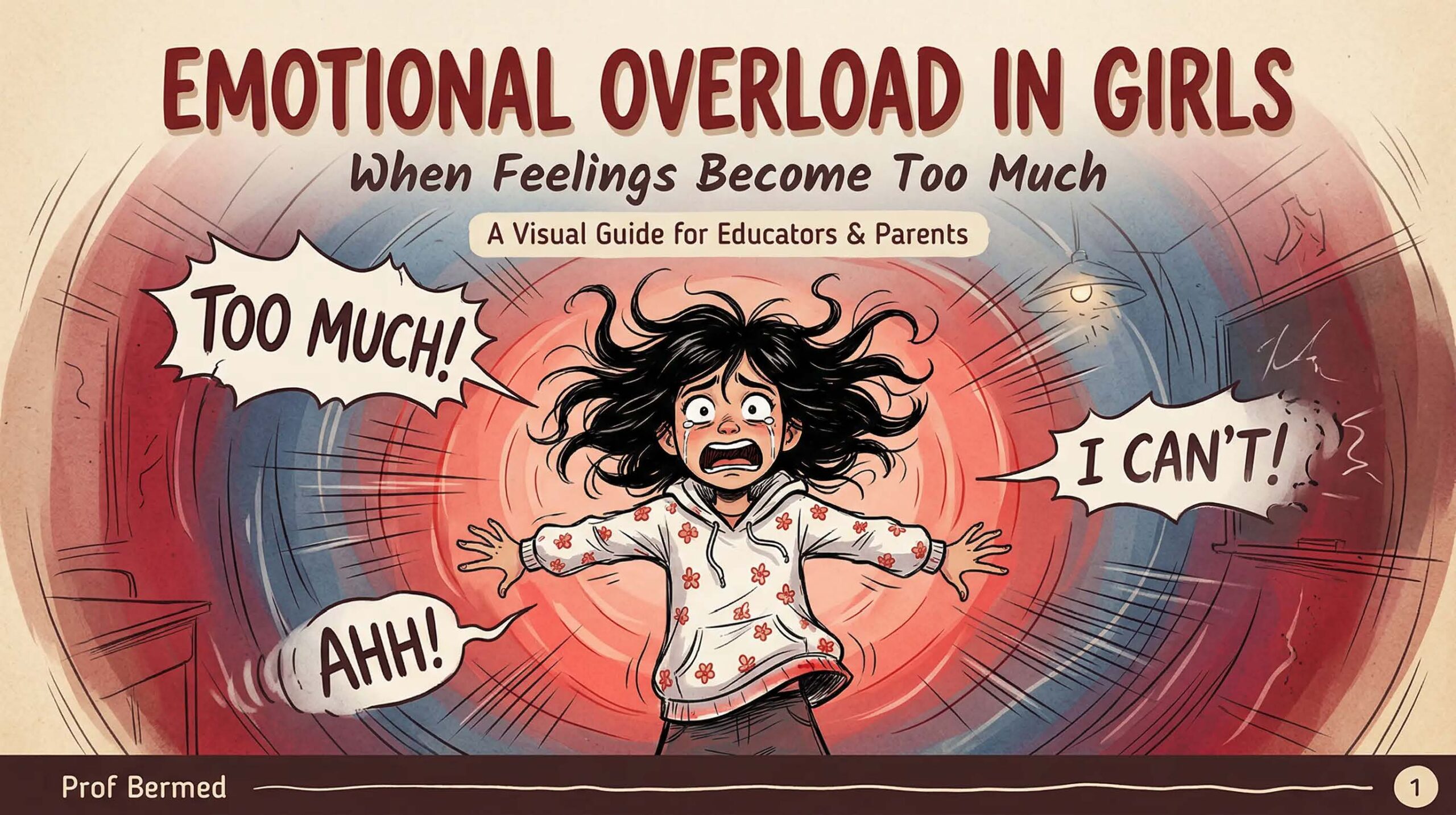 Comic book cover titled Emotional Overload in Girls — a neurodivergent girl stands in the center overwhelmed, with speech bubbles reading Too Much, I Can't, and Ahh — a visual guide for educators and parents by Prof Bermed