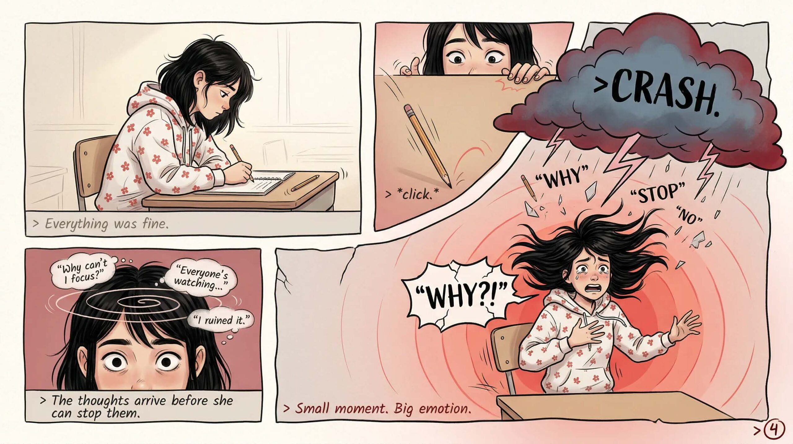 Four-panel comic showing a girl going from calm at her desk to full emotional overwhelm after a pencil drops — thought bubbles read I ruined it and Everyone's watching — captioned Small Moment Big Emotion, showing how internal thoughts escalate emotional overload in girls