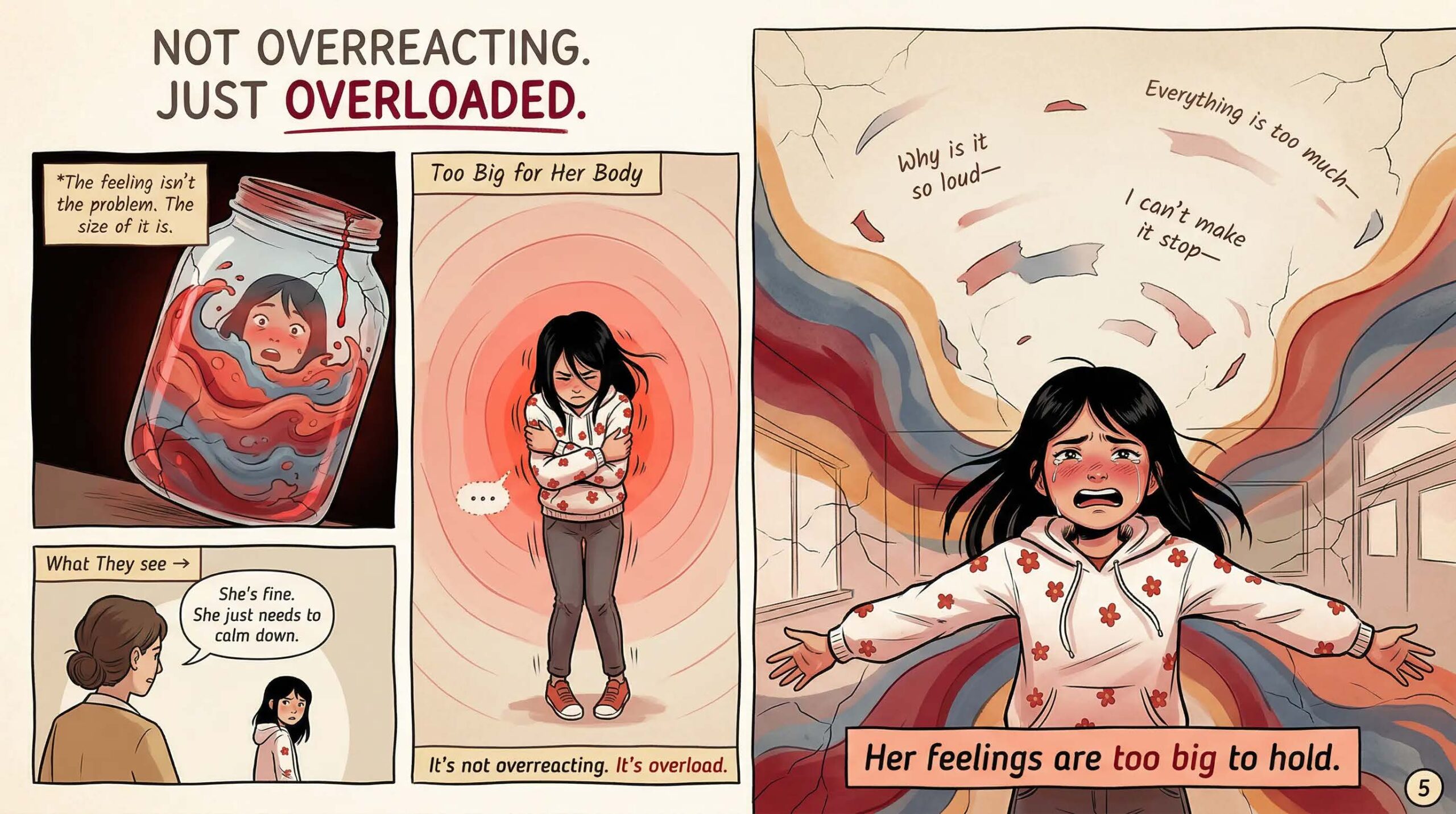 Comic page titled Not Overreacting Just Overloaded — showing a girl trapped in a jar symbolizing her emotions being too big for her body, while an adult says She's fine she just needs to calm down — illustrates how emotional overload in girls is misread by adults