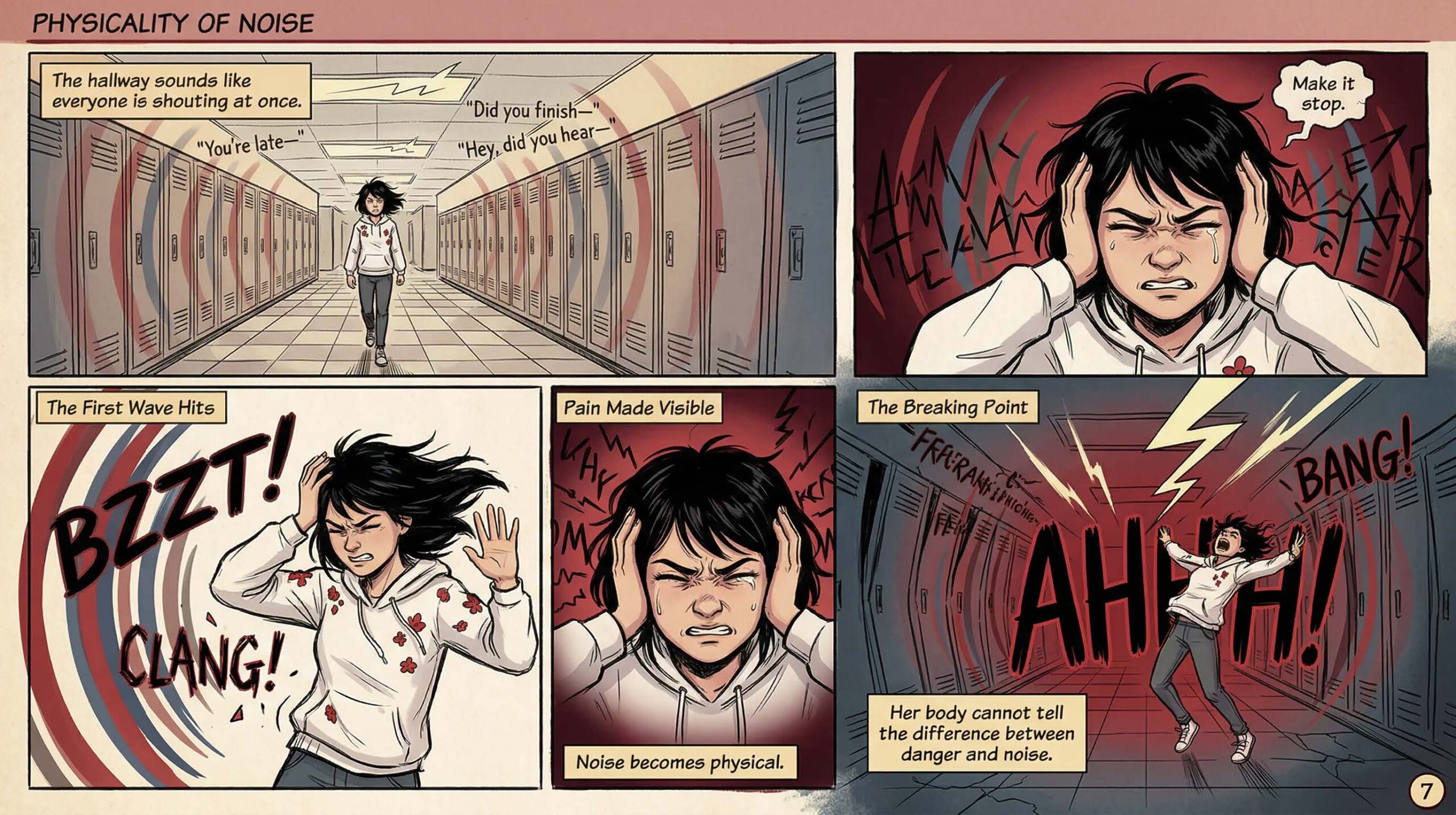 Comic page titled Physicality of Noise — showing a girl overwhelmed by hallway noise at school, covering her ears as sounds like BZZT and CLANG hit her physically, with caption Her body cannot tell the difference between danger and noise — illustrates auditory sensory overload in neurodivergent girls