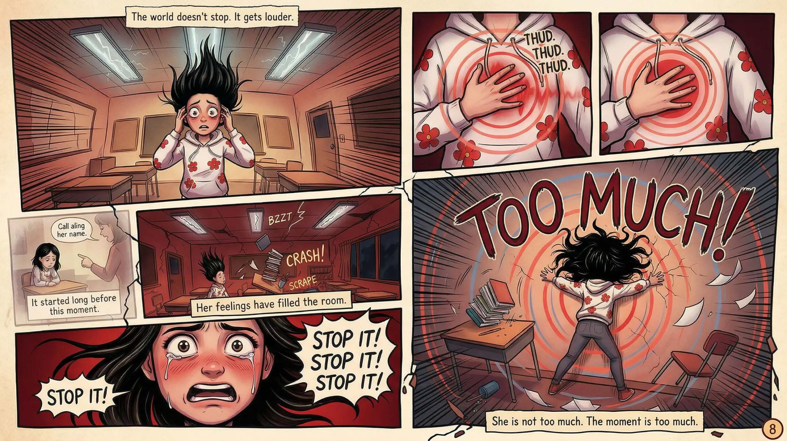 Comic page showing a girl with her hands on her ears in a chaotic classroom, with papers flying and the caption She is not too much The moment is too much — depicts a full emotional meltdown in a school setting caused by sensory overload in a neurodivergent student