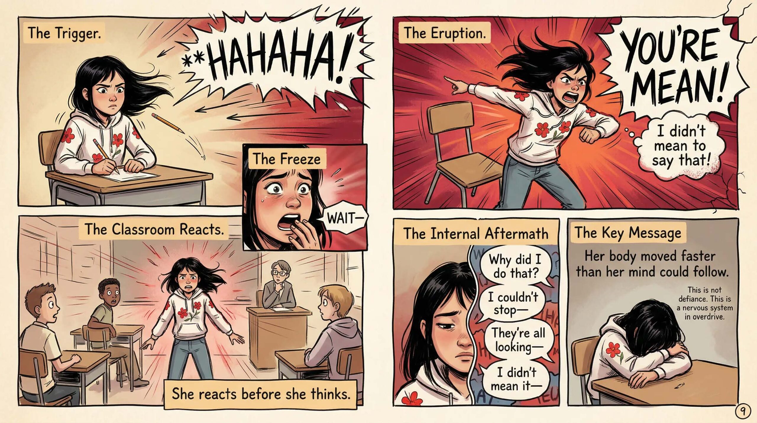Comic page showing a girl reacting impulsively by yelling You're mean after being triggered by classroom laughter, followed by internal regret — captioned She reacts before she thinks and This is not defiance this is a nervous system in overdrive — illustrates impulsivity in neurodivergent girls with emotional overload