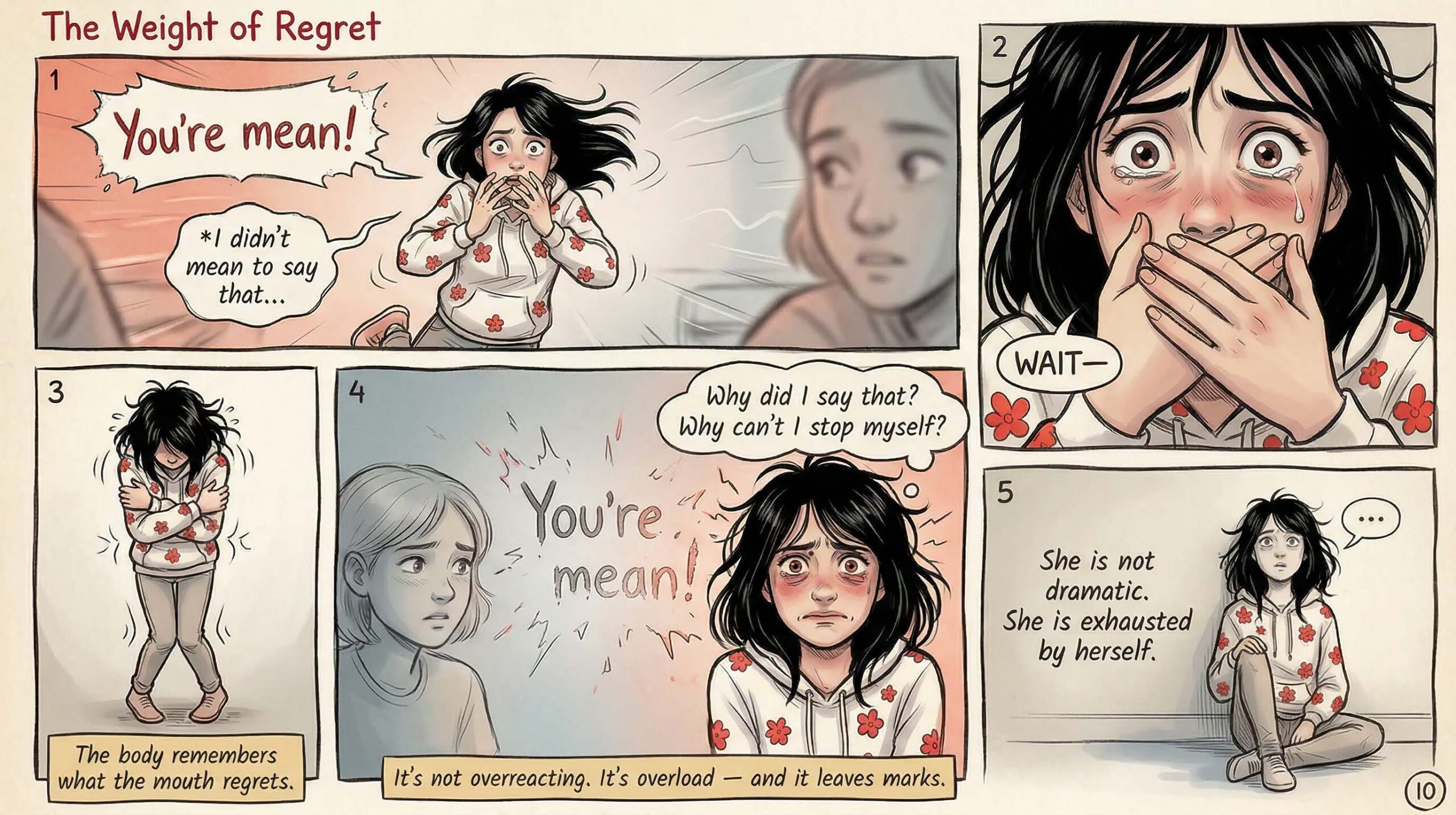 Five-panel comic titled The Weight of Regret — a neurodivergent girl covers her mouth in shock after blurting out You're mean, then hugs herself trembling, thinking Why did I say that — captioned She is not dramatic She is exhausted by herself — shows post-meltdown shame in girls with emotional dysregulation