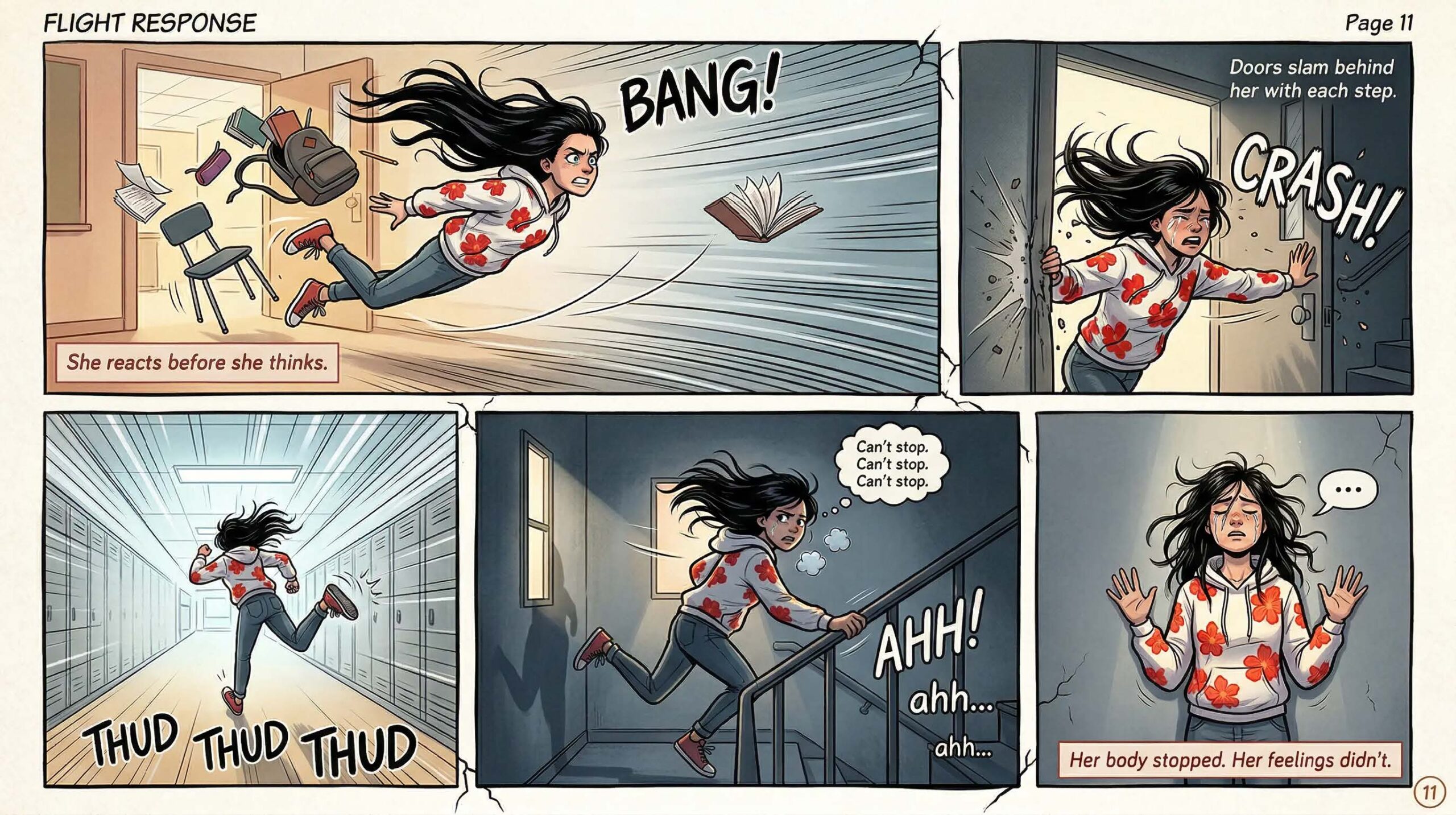 Comic page titled Flight Response — six panels showing a girl bolting from the classroom, slamming doors, running through hallways, captioned She reacts before she thinks and Her body stopped Her feelings didn't — illustrates the fight-flight response during emotional overload in neurodivergent middle school girls