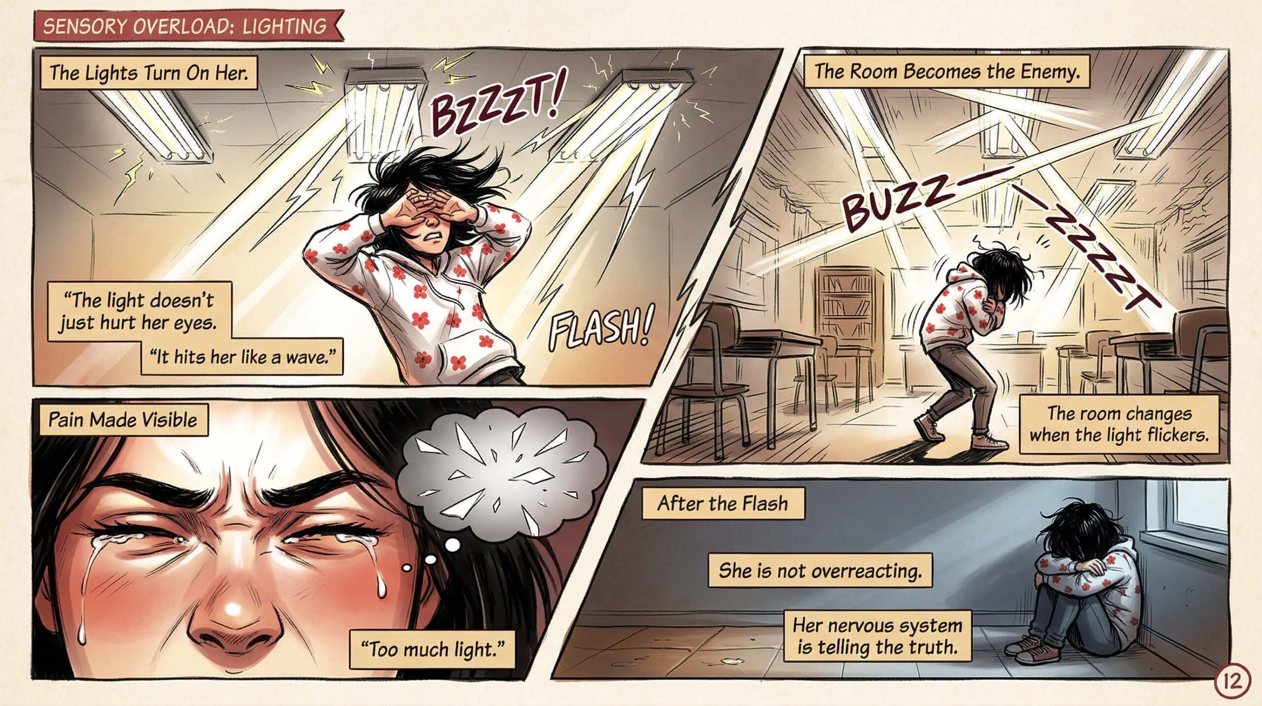 Comic page titled Sensory Overload Lighting — showing a girl shielding her eyes from flickering fluorescent lights in school, panels captioned The light doesn't just hurt her eyes it hits her like a wave and Her nervous system is telling the truth — illustrates visual sensory sensitivity in neurodivergent girls