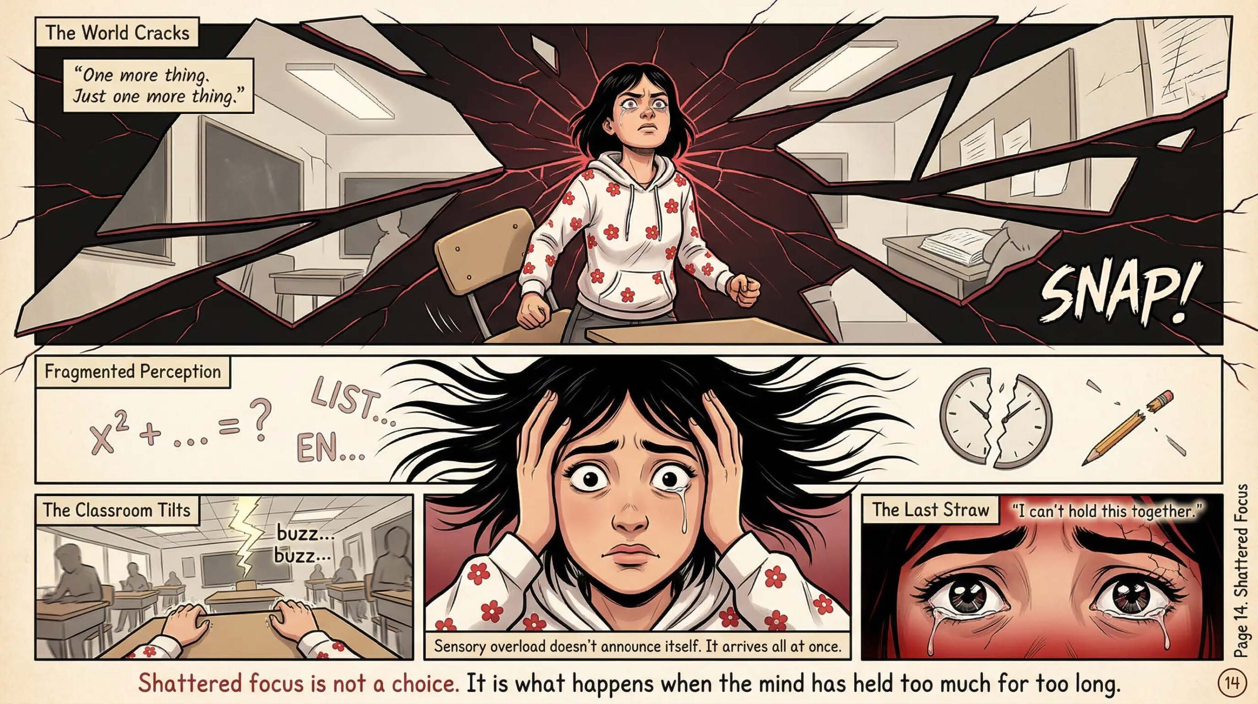 Comic page titled Shattered Focus — a girl stands at her desk as the classroom cracks and shatters around her with SNAP, panels show fragmented math equations, a broken clock, and close-up of tearful eyes, captioned Shattered focus is not a choice it is what happens when the mind has held too much for too long