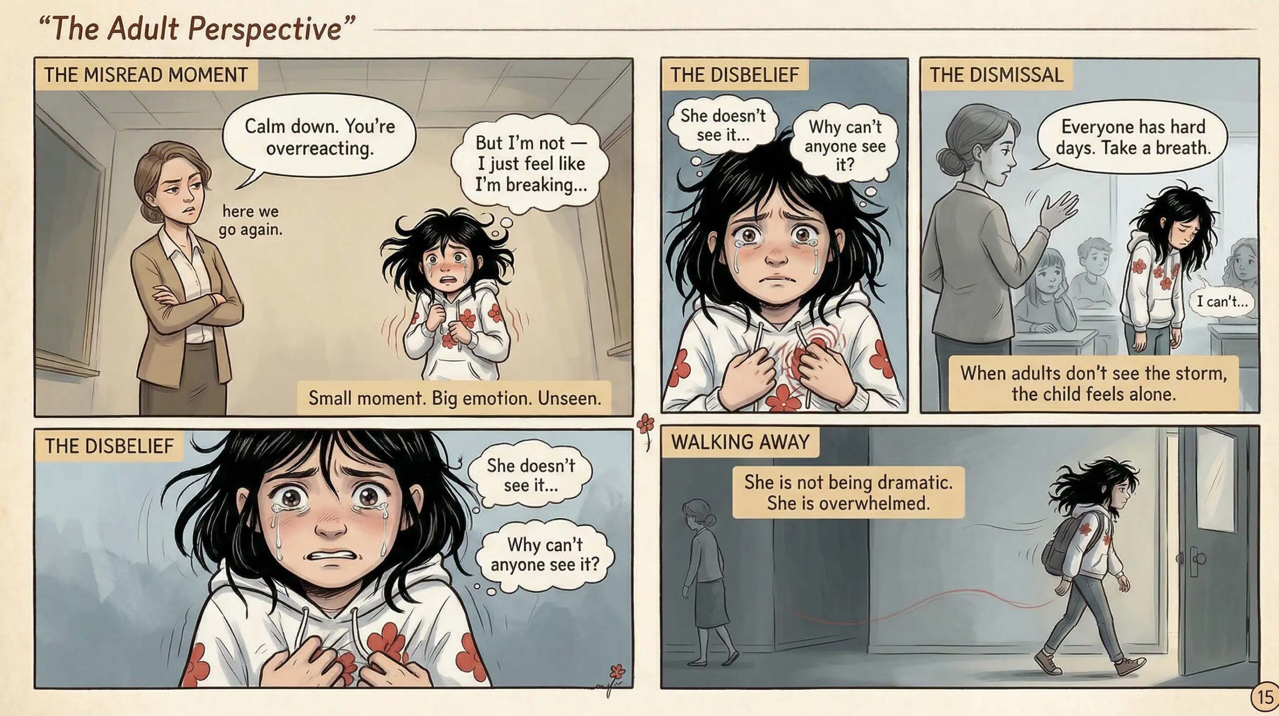 Comic page titled The Adult Perspective — four panels showing a teacher telling the girl to calm down while the girl thinks no one sees it, captioned Small Moment Big Emotion Unseen and She is not being dramatic She is overwhelmed — illustrates how adults misread emotional overload in neurodivergent girls