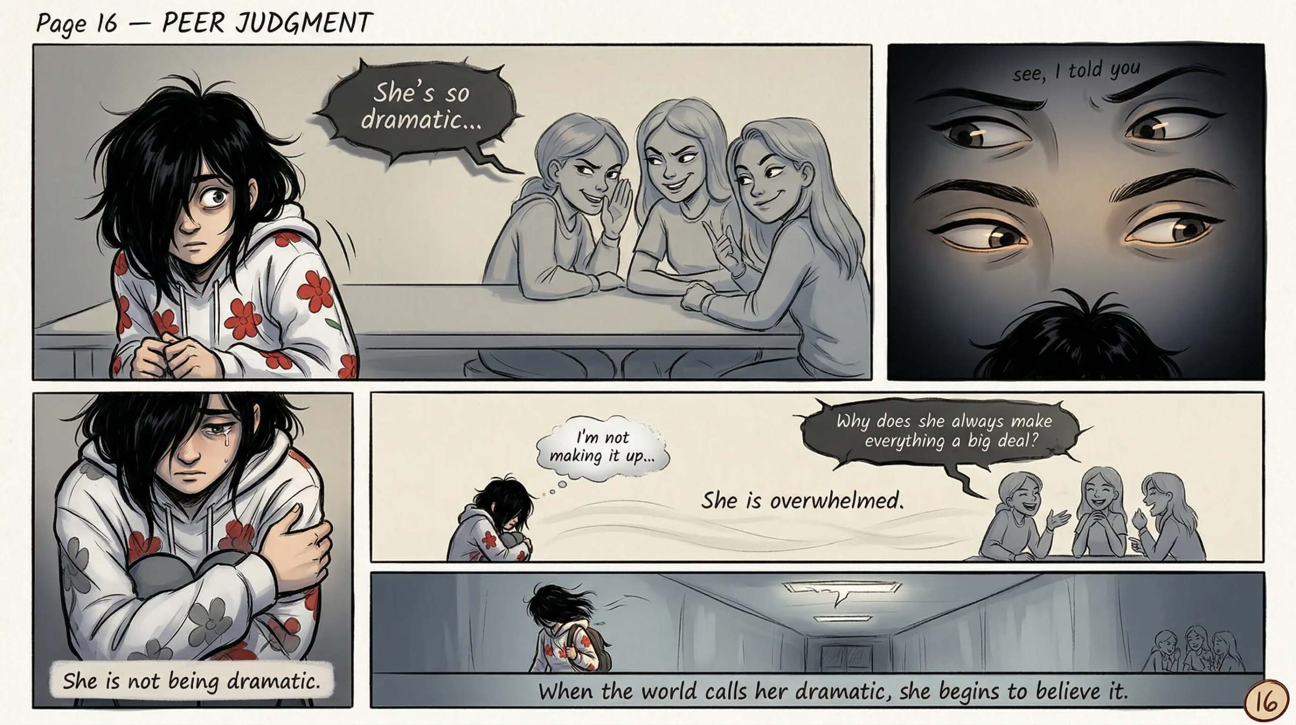 Comic page titled Peer Judgment — panels showing classmates whispering She's so dramatic while the overwhelmed girl hugs herself, captioned She is not being dramatic and When the world calls her dramatic she begins to believe it — illustrates the social impact of emotional overload on neurodivergent girls