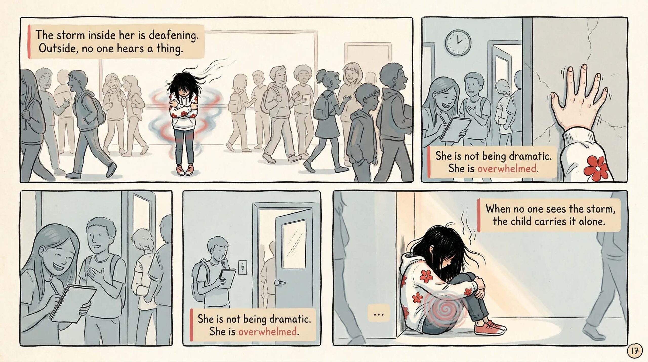 Comic page showing a neurodivergent girl frozen in a busy school hallway while classmates laugh and walk past, with caption When no one sees the storm the child carries it alone — illustrates emotional masking and internal overwhelm in neurodivergent girls at school
