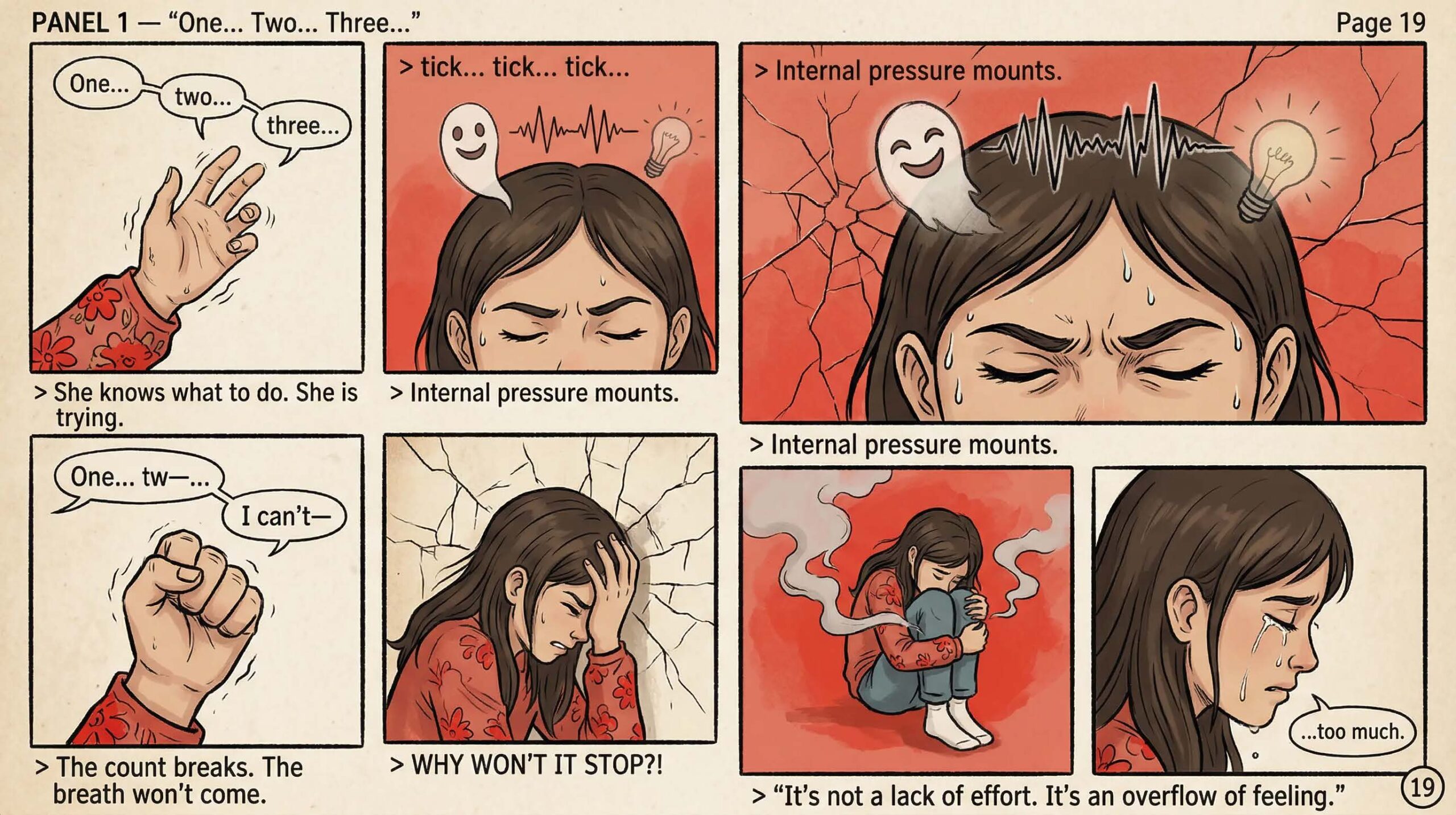 Comic page showing a girl trying to count to three as a calming strategy but failing as internal pressure builds, panels captioned She knows what to do She is trying and It's not a lack of effort It's an overflow of feeling — illustrates why standard self-regulation strategies can fail during emotional overload