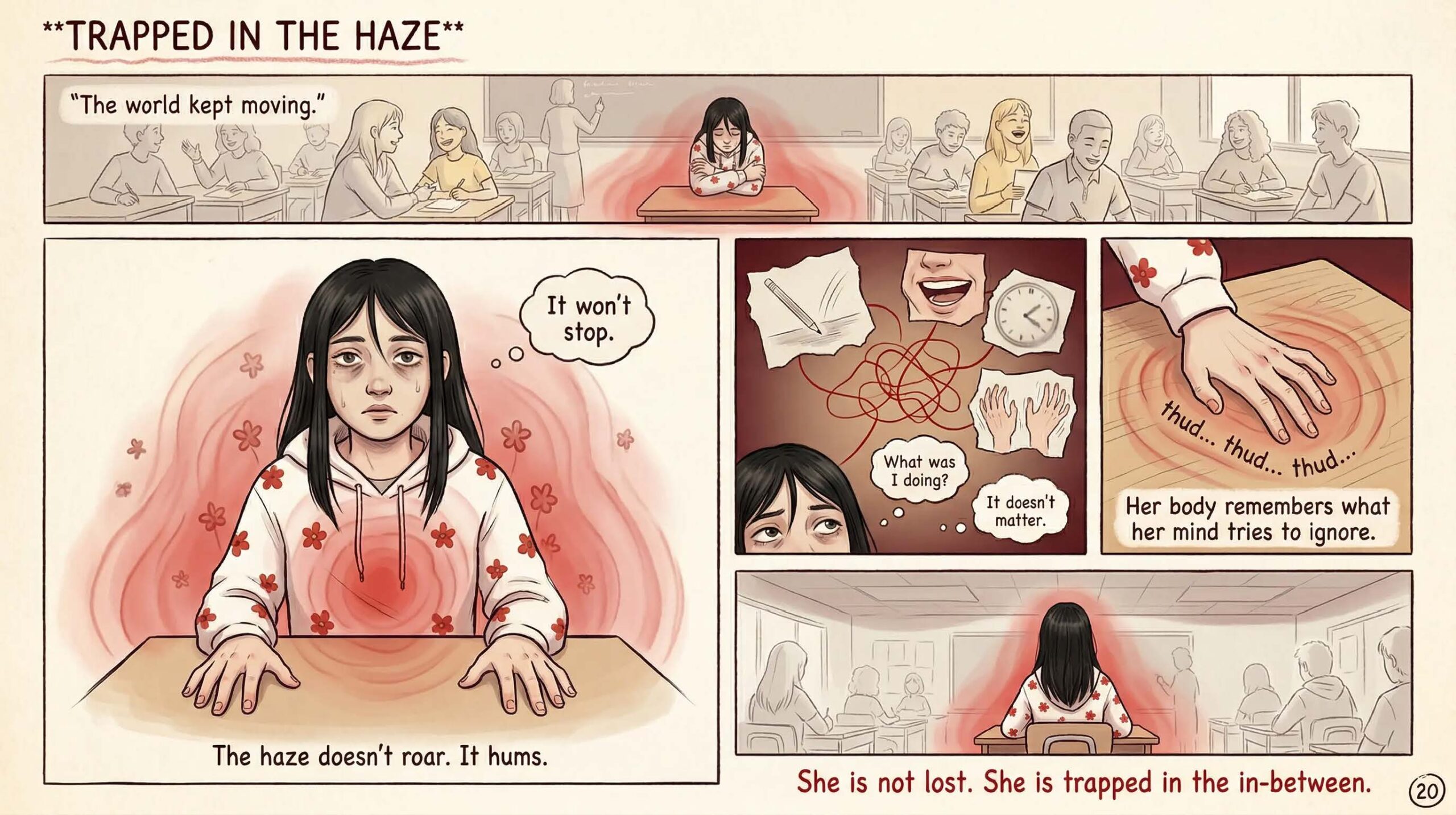 Comic page titled Trapped in the Haze — showing a neurodivergent girl sitting at her desk in a dissociated state while the classroom continues around her, captioned The haze doesn't roar It hums and She is not lost She is trapped in the in-between — illustrates emotional shutdown and dissociation in girls with neurodivergent profiles