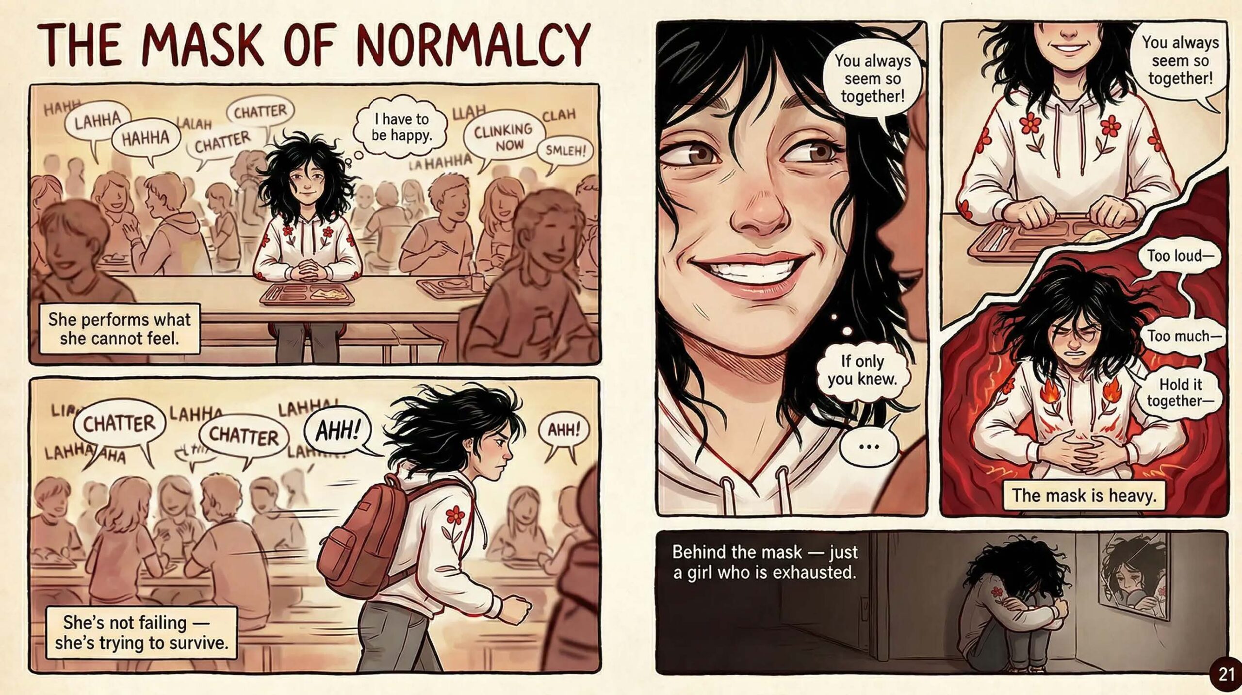 Comic page titled The Mask of Normalcy — a girl smiling in the cafeteria while internally overwhelmed, split panels show her composed face and her raging inner world, captioned She performs what she cannot feel and Behind the mask just a girl who is exhausted — illustrates emotional masking in neurodivergent girls