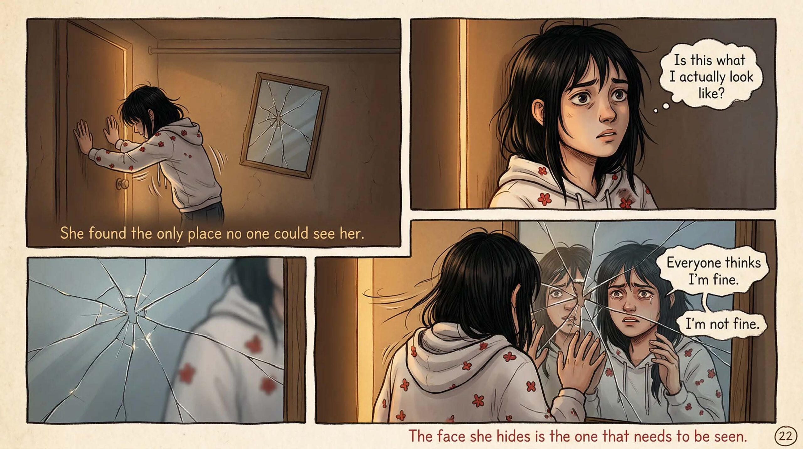 Comic page showing a neurodivergent girl slipping into a bathroom to hide, staring at herself in a cracked mirror thinking Is this what I actually look like and Everyone thinks I'm fine I'm not fine — captioned The face she hides is the one that needs to be seen — illustrates internalized shame after emotional overload