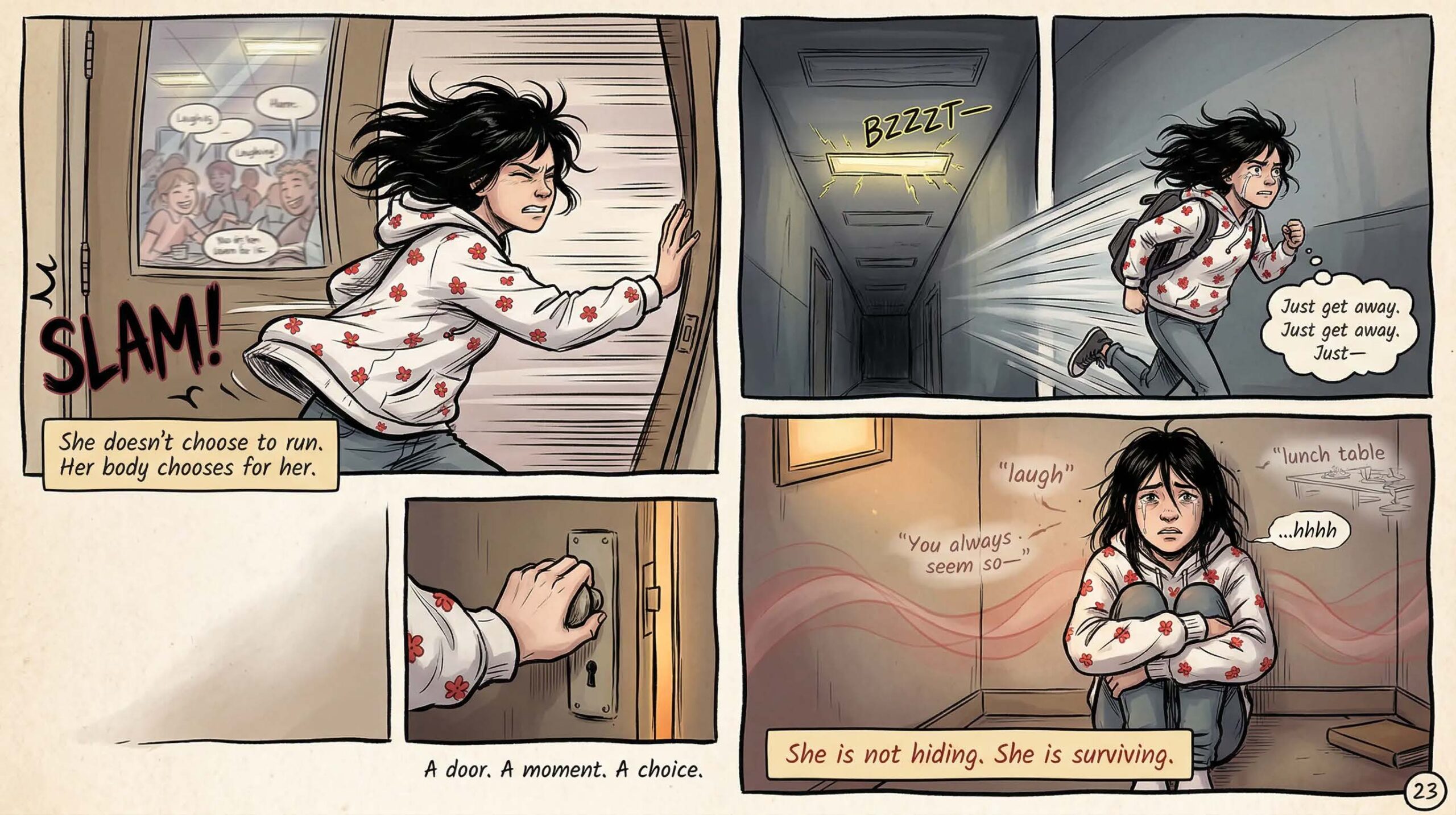 Comic page showing a girl slamming the classroom door and running down a school hallway under buzzing lights, thinking Just get away, then curled against a wall in a corner captioned She is not hiding She is surviving — illustrates avoidance and flight response during emotional overload in neurodivergent girls