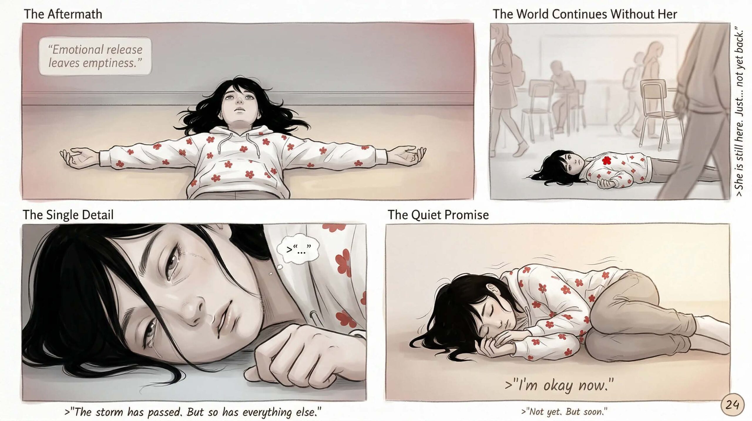 Four-panel comic page titled The Aftermath — a girl lies on the floor empty and still after an emotional meltdown, captioned Emotional release leaves emptiness and The storm has passed but so has everything else — illustrates post-meltdown emotional exhaustion in neurodivergent girls