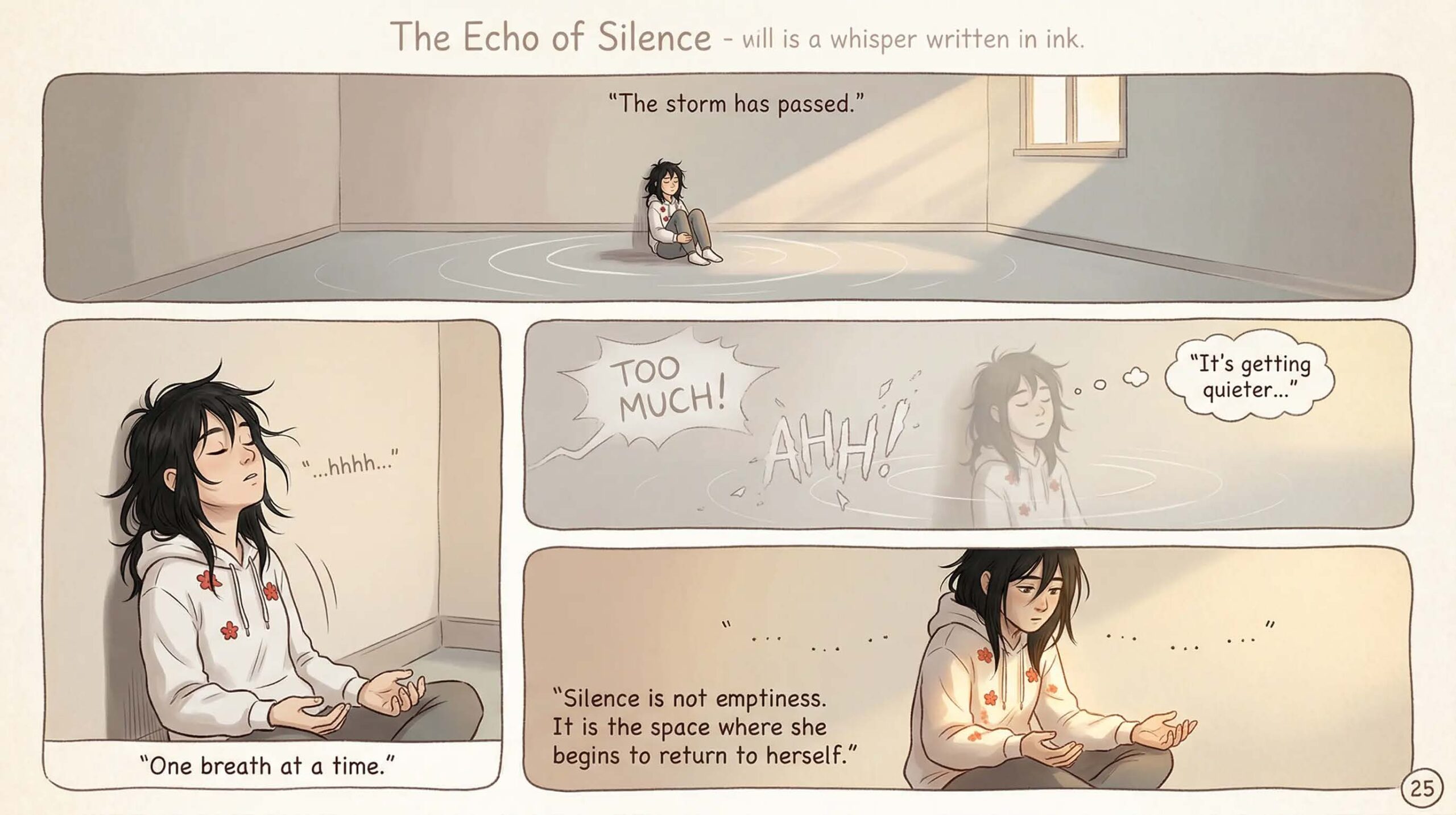 Comic page titled The Echo of Silence — a girl sits alone in a quiet room breathing deeply, with faded echoes of Too Much and Ahh dissolving around her, captioned Silence is not emptiness It is the space where she begins to return to herself — illustrates the calm-down phase after emotional overload