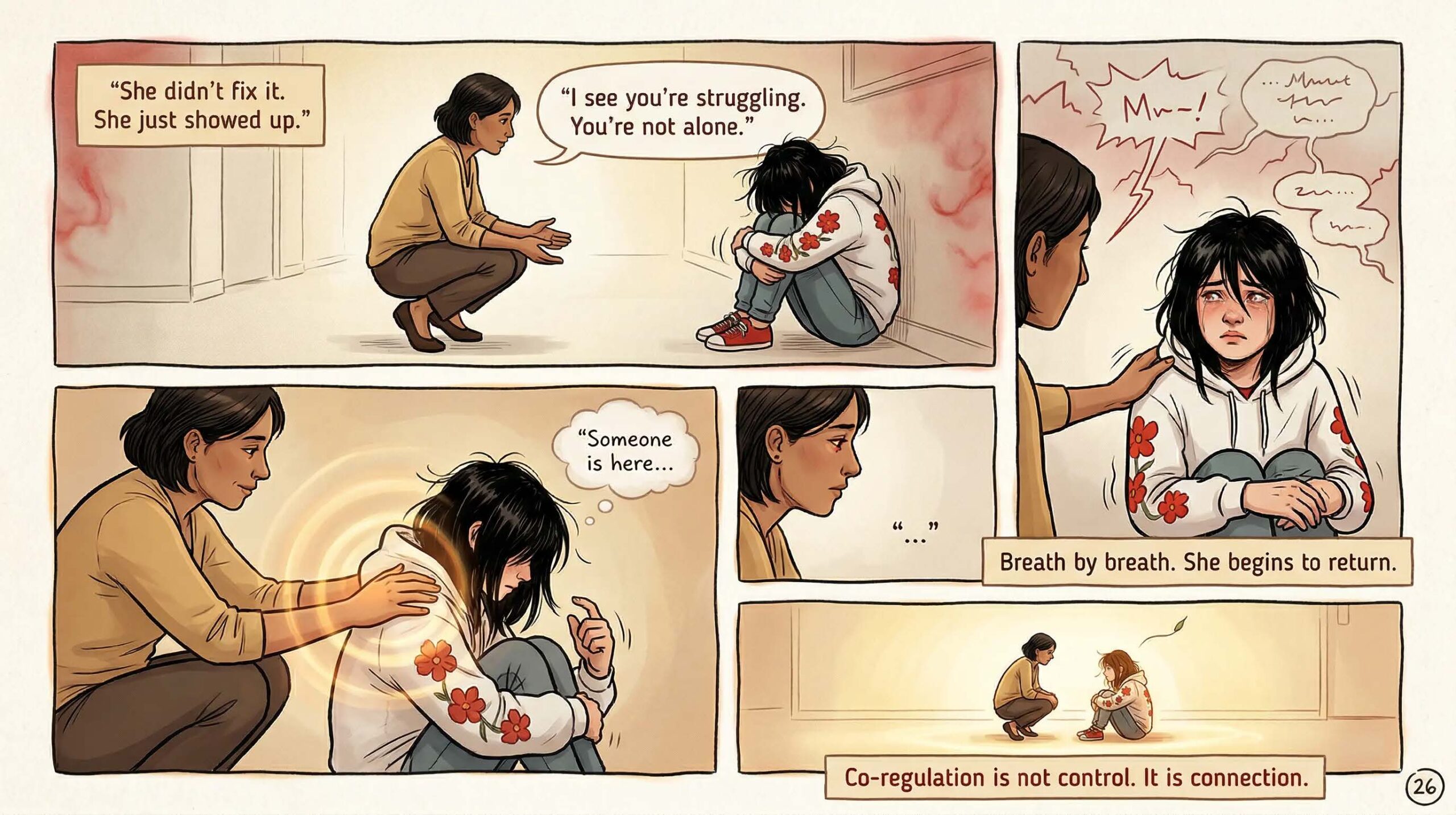 Comic page showing a caring adult crouching beside an overwhelmed girl curled on the floor, saying I see you're struggling you're not alone, then gently placing a hand on her shoulder, captioned Co-regulation is not control It is connection — illustrates co-regulation support strategies for neurodivergent students during emotional overload