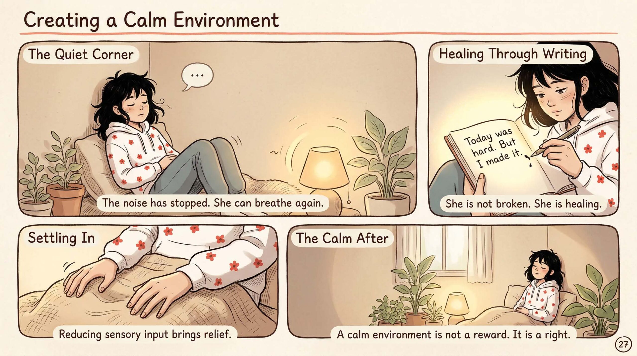 Comic page titled Creating a Calm Environment — four panels showing a neurodivergent girl resting in a cozy quiet corner with plants, writing in a journal Today was hard but I made it, captioned A calm environment is not a reward It is a right — illustrates sensory-safe spaces and journaling as emotional regulation supports for neurodivergent girls
