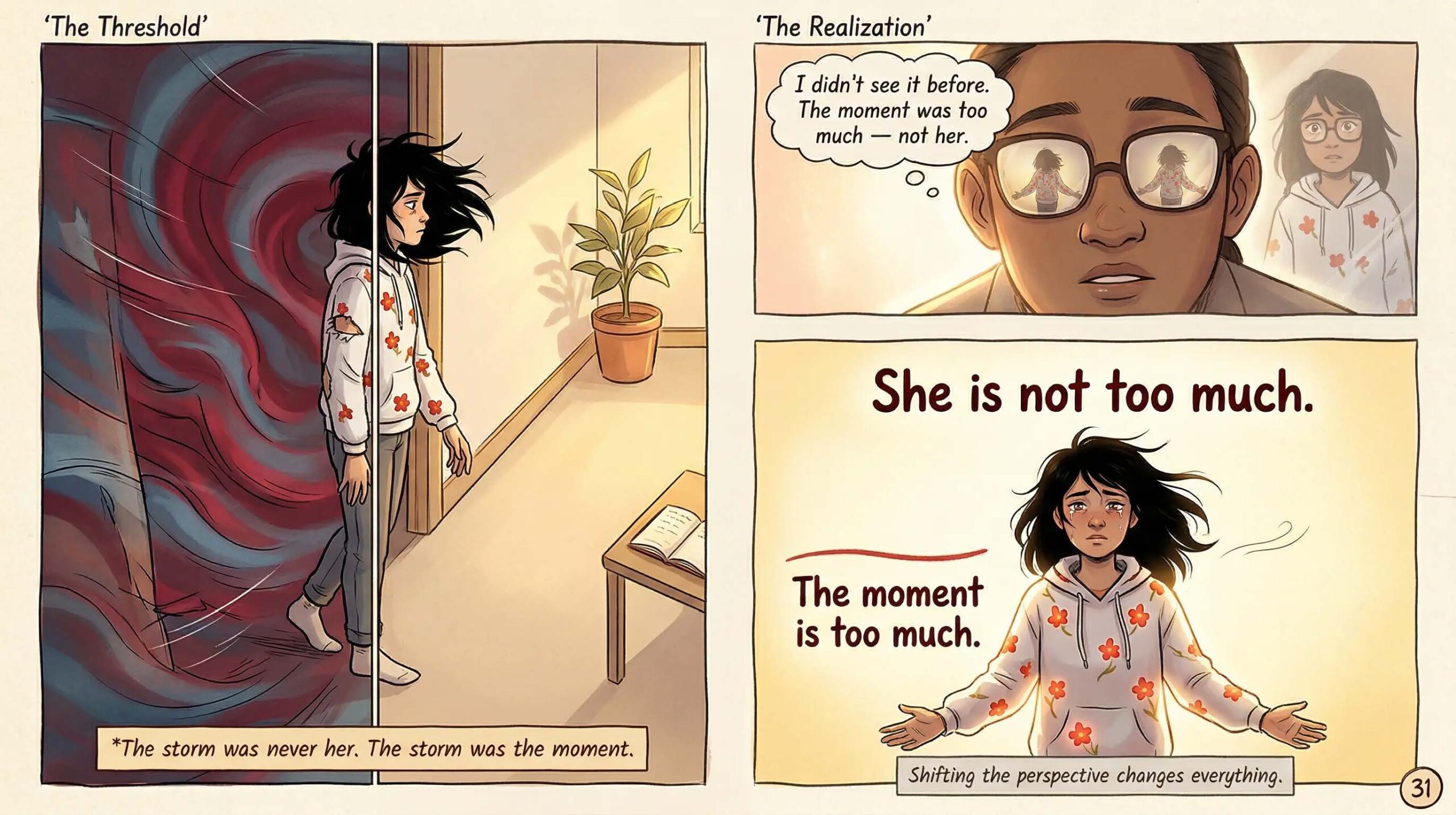 Comic page showing a girl standing at the threshold between an inner storm and a calm room, with a teacher realizing The moment was too much not her, and a full-panel text reading She is not too much The moment is too much — core neuroaffirmative message about emotional overload in neurodivergent girls