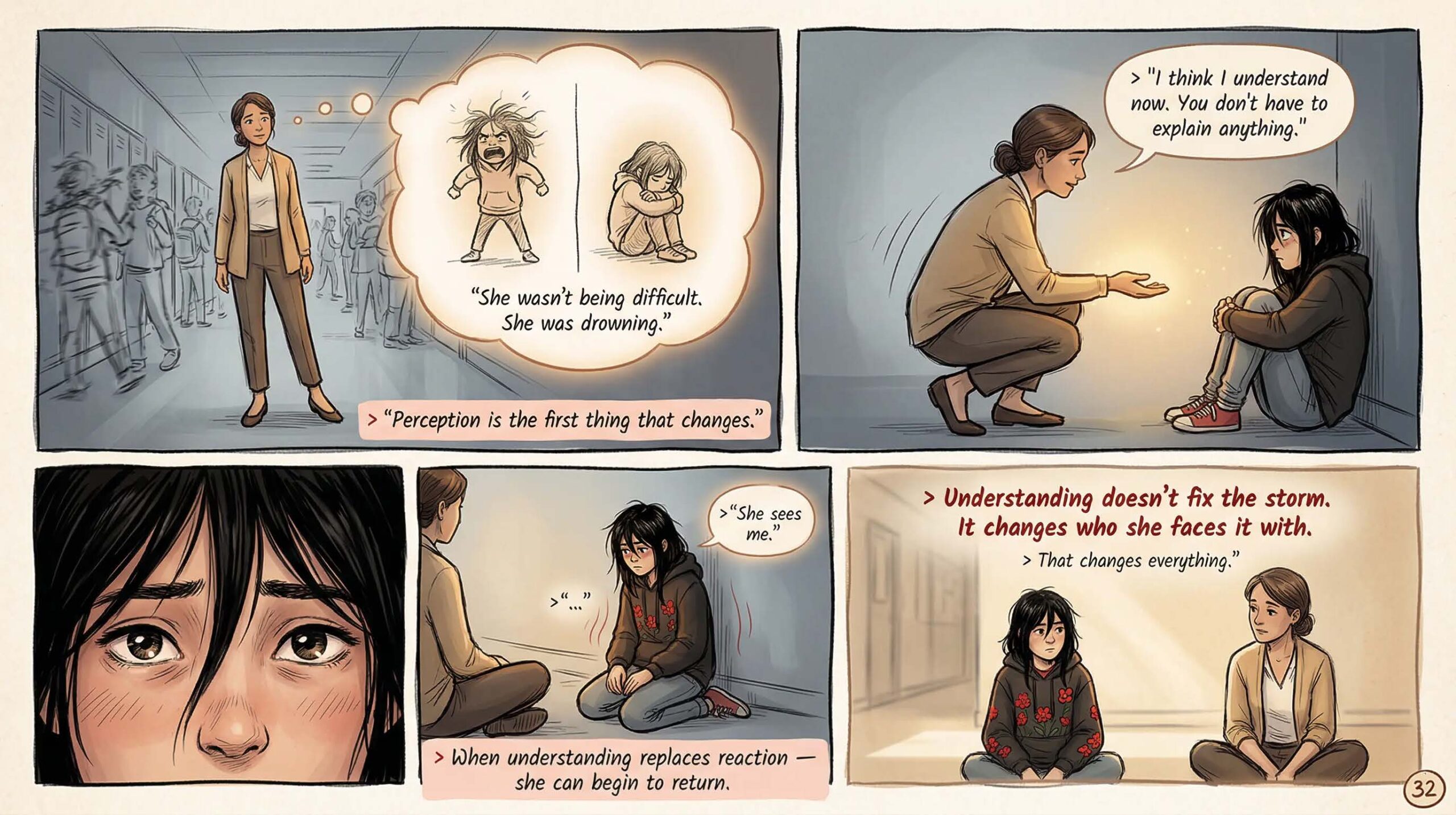 Comic page showing a teacher in the hallway recalling the girl's meltdown and thinking She wasn't being difficult she was drowning, then sitting beside the girl and saying I think I understand now you don't have to explain anything — captioned Understanding doesn't fix the storm It changes who she faces it with