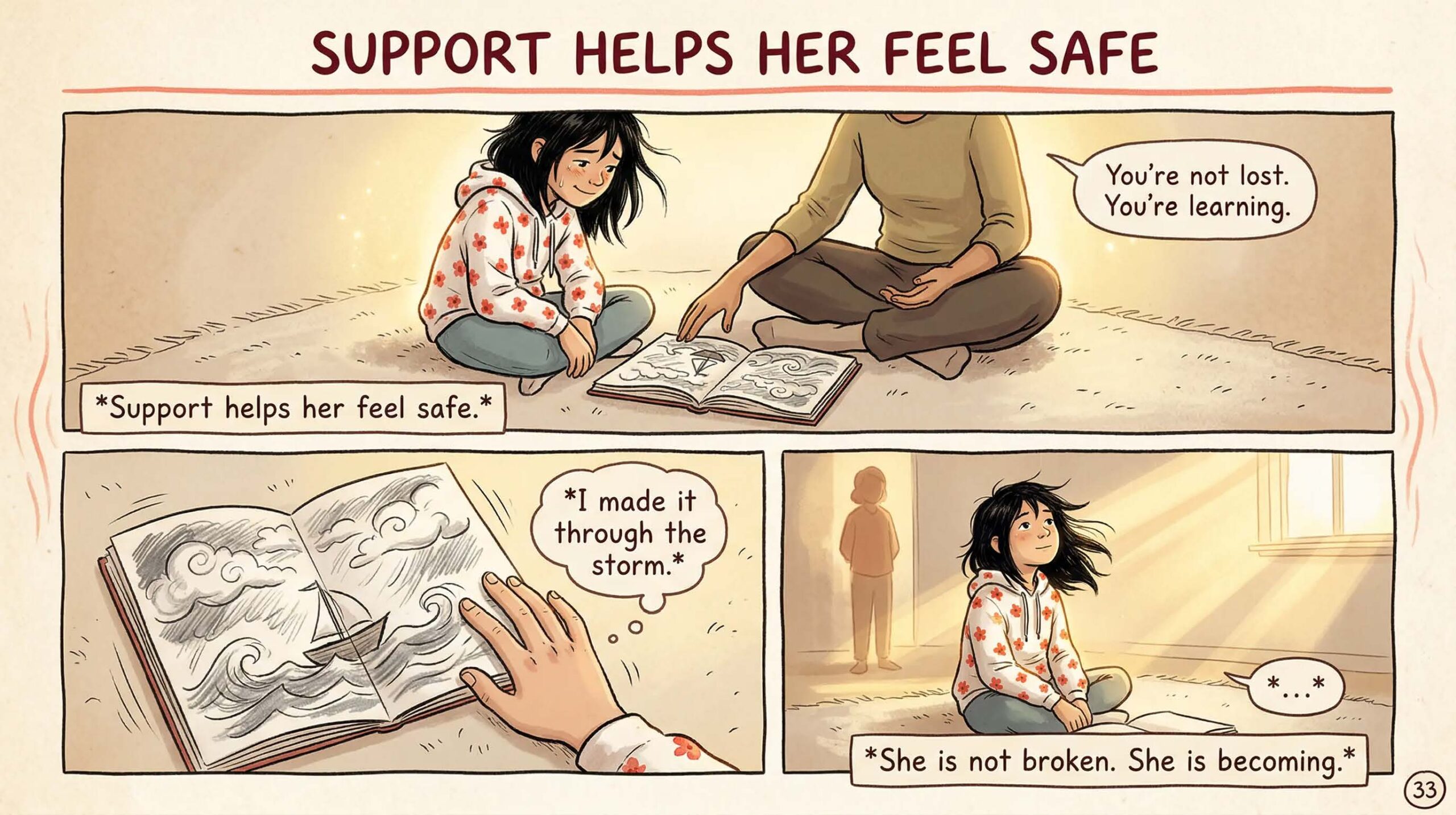 Comic page titled Support Helps Her Feel Safe — showing a girl smiling gently while sitting with a supportive adult reading a book together, captioned You're not lost you're learning and She is not broken She is becoming — depicts the healing impact of consistent adult support on neurodivergent girls with emotional overload