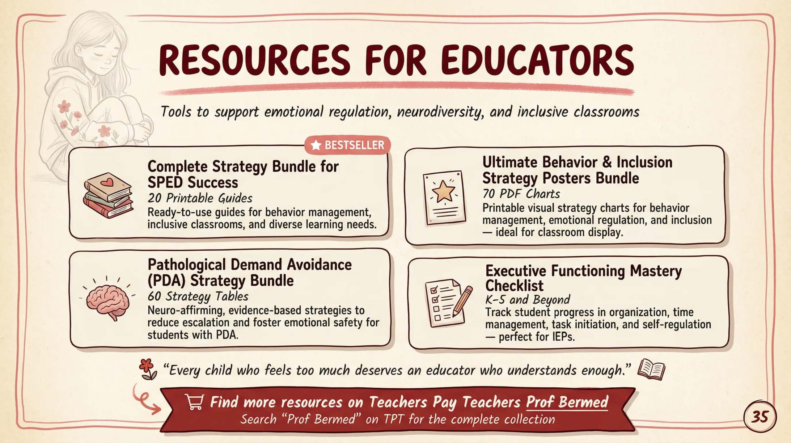 Resources for educators page from the comic Emotional Overload in Girls — featuring four Prof Bermed TPT products: Complete Strategy Bundle for SPED Success, Ultimate Behavior and Inclusion Strategy Posters Bundle, PDA Strategy Bundle, and Executive Functioning Mastery Checklist — tools to support emotional regulation and neurodiversity in inclusive classrooms