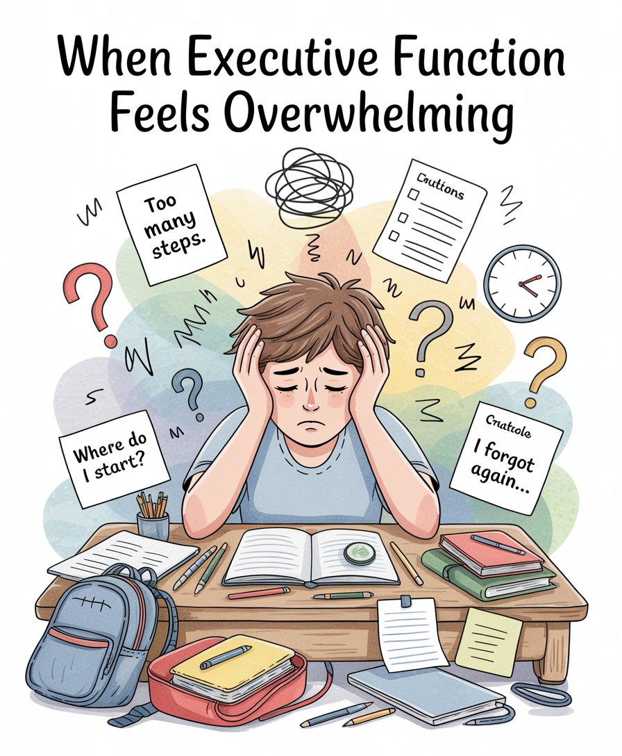 Executive function accommodations for IEP students — classroom illustration showing neurodivergent student with visual supports