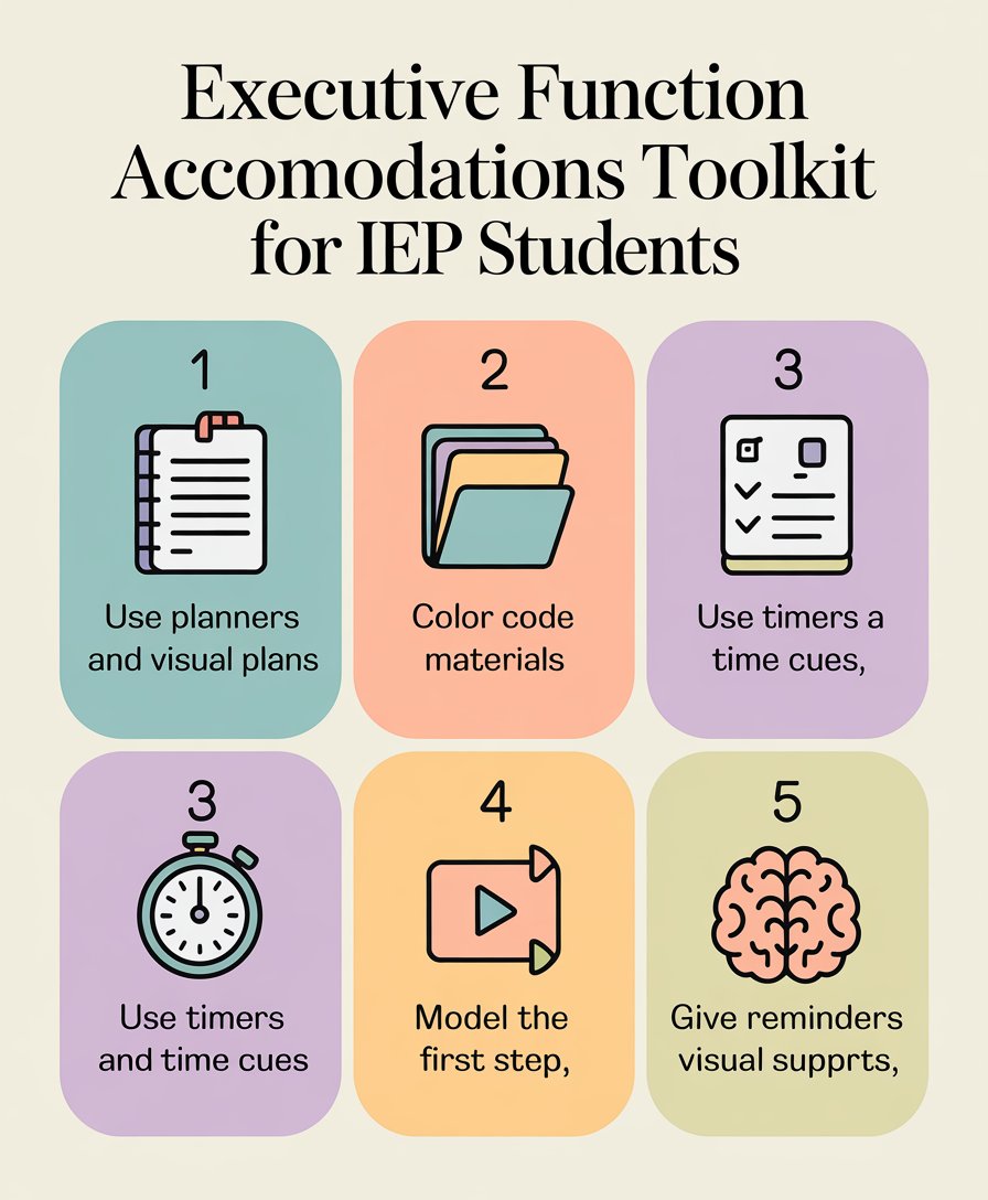 Executive function domains infographic — working memory, task initiation, planning, cognitive flexibility, inhibitory control, emotional regulation for IEP students