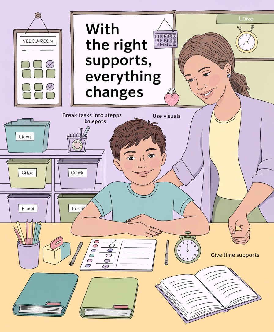 IEP classroom accommodations for ADHD and autism — illustrated strategies for task initiation and planning in special education
