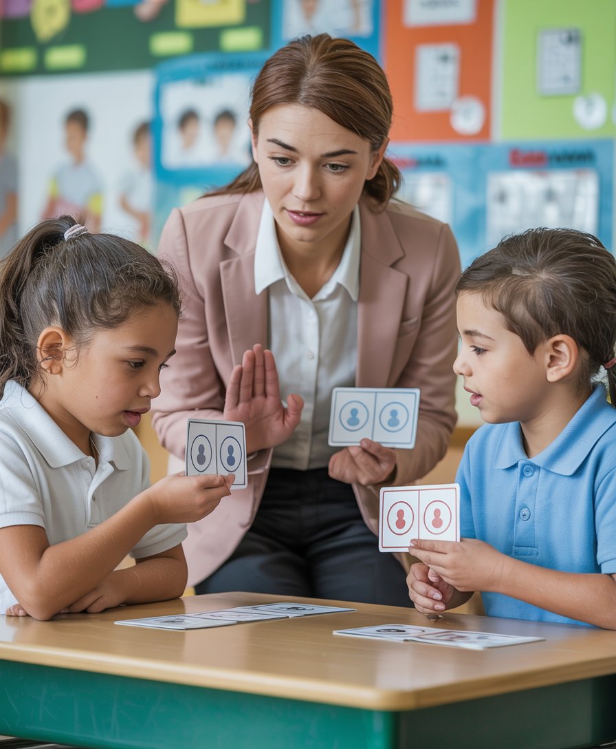 Autistic students role-playing social communication scenarios in a special education classroom with a teacher facilitating