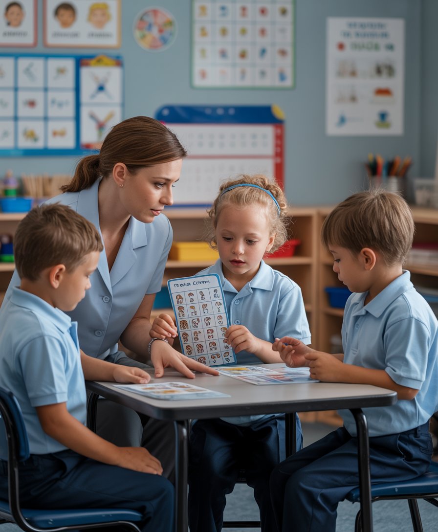 Special education classroom with autistic students practicing functional life skills with visual supports on the wall